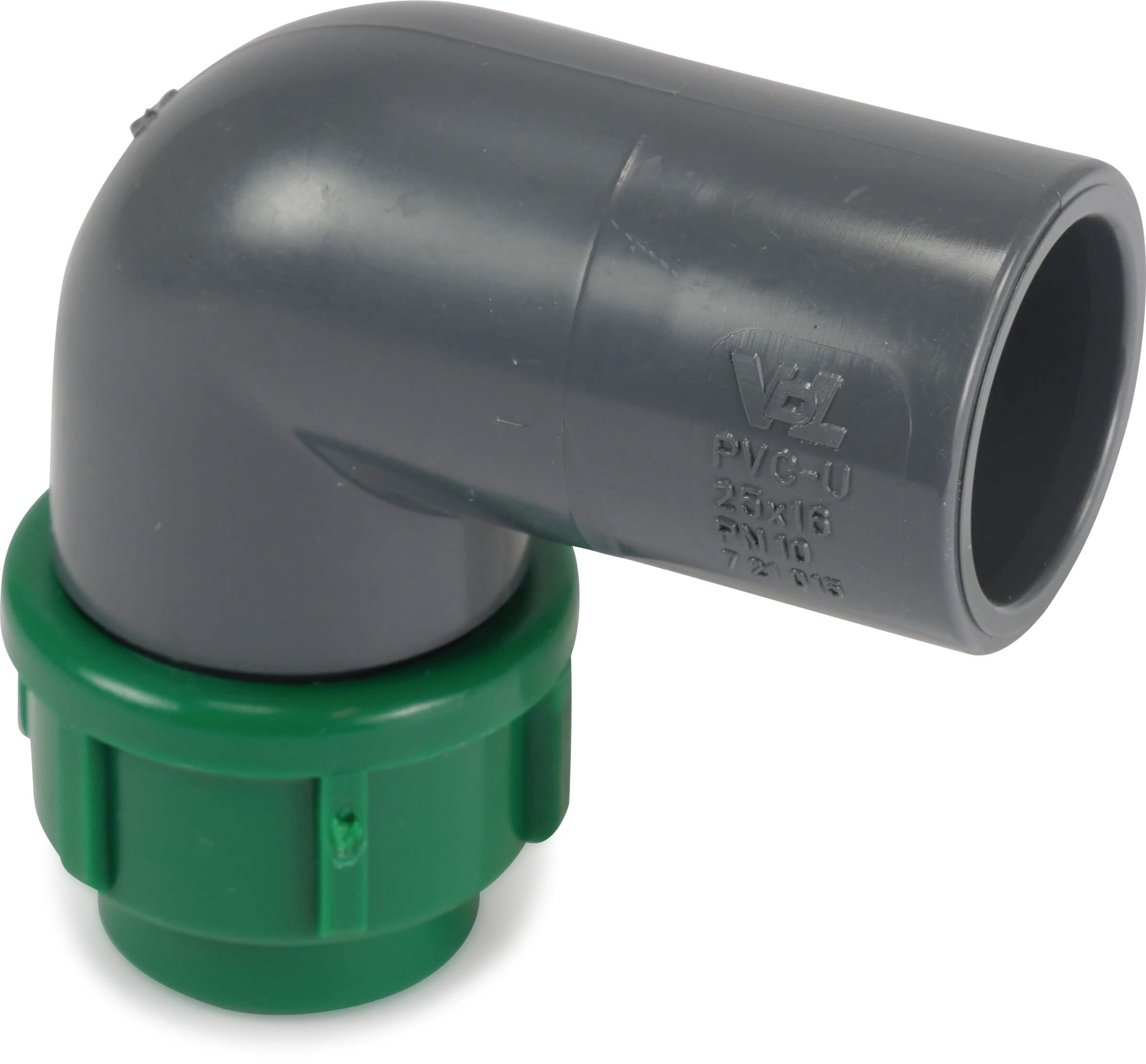 VDL Adaptor elbow 90° PVC-U/PP 25 mm x 16 mm glue socket x compression 10bar grey/green