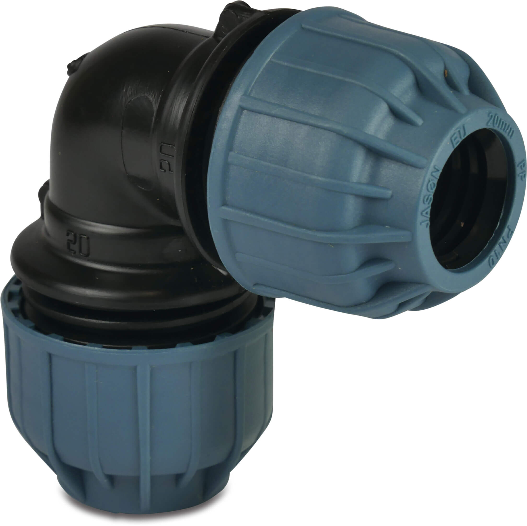 Jason Winkel 90° PP 32 mm Klemm 10bar Schwarz/Blau