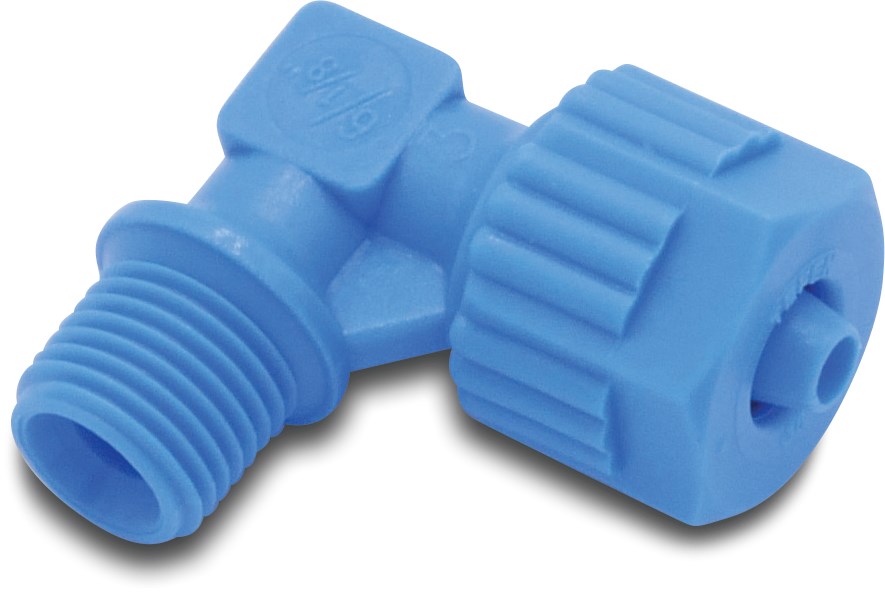 Tefen Union elbow 90° PA glass fibre reinforced 6 mm x 1/8" barbed x male thread 14bar blue