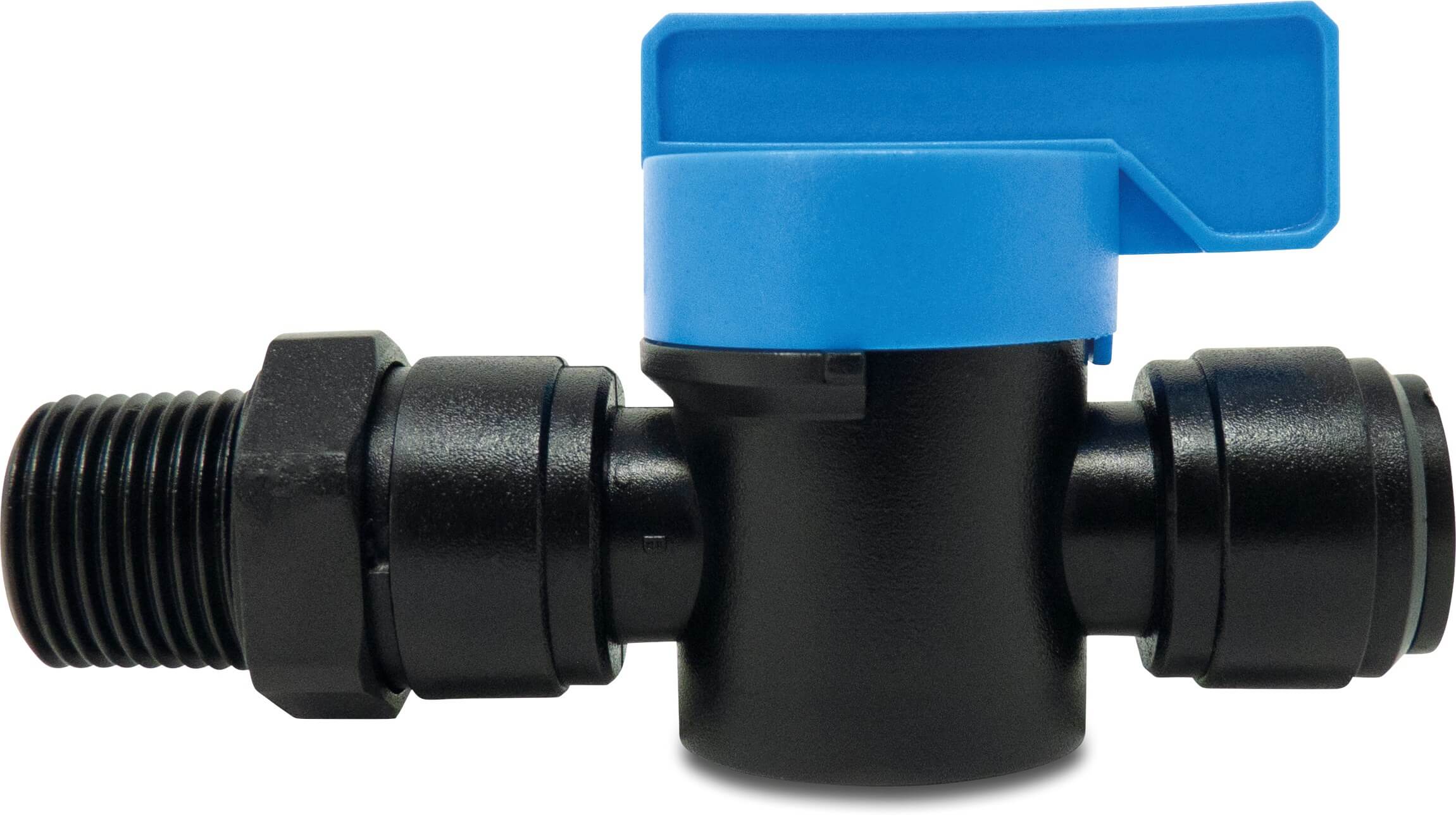 Ball valve POM 3/8" x 10 mm male thread x push-in 16bar black WRAS type Aquaspeed