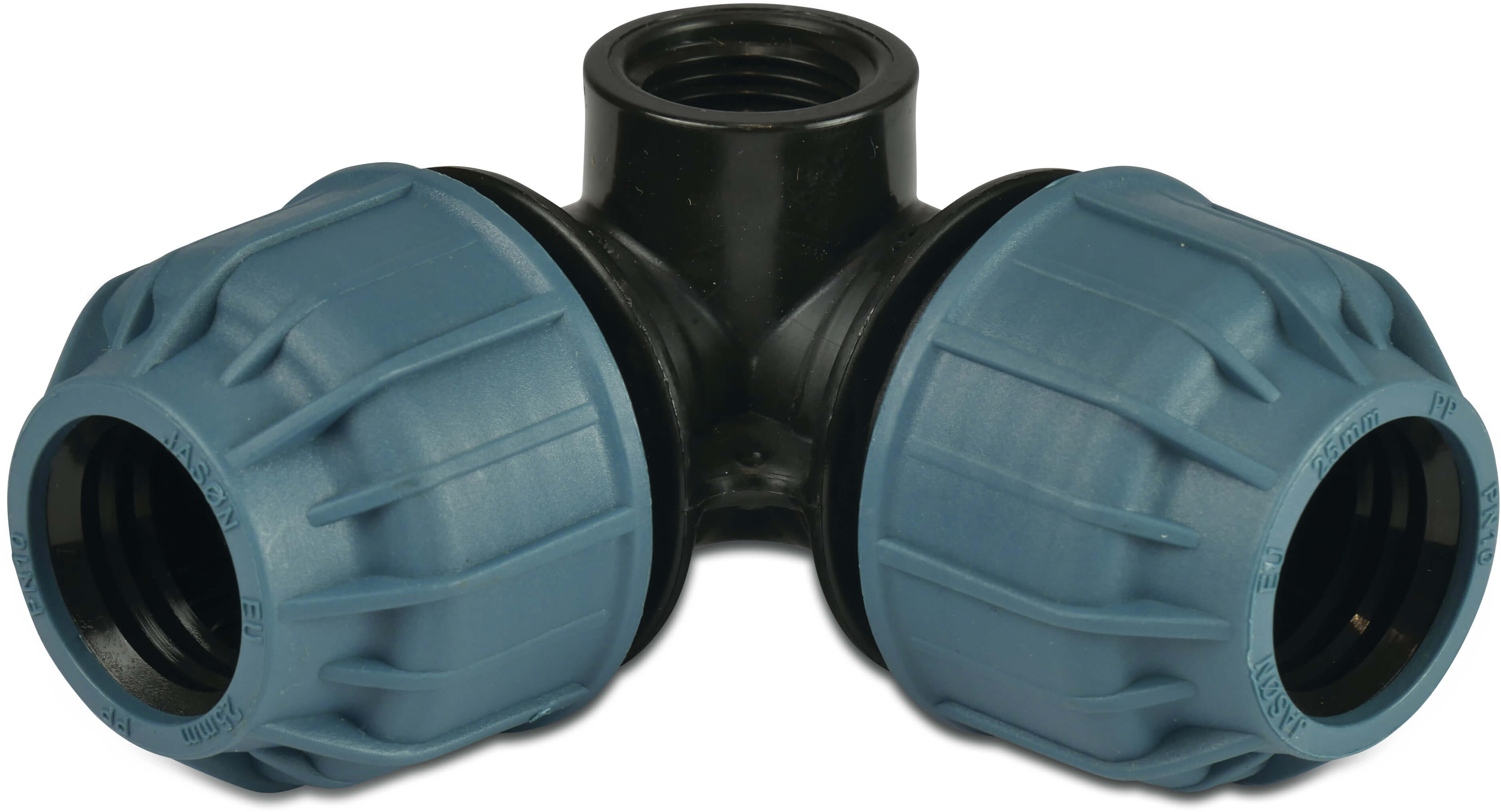 Jason Elbow 90° pop-up with side outlet PP 32 mm x 1/2" x 32 mm compression x female thread x compression 10bar 1/2" black/blue