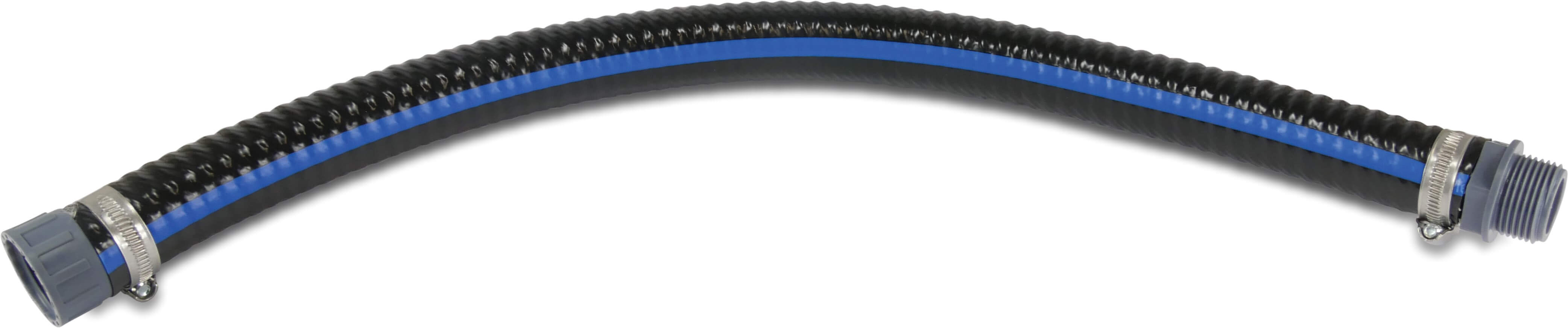 Suction and pressure hose PVC/steel 1" male thread x female thread 12bar 0.9bar black/blue 0.6m type Heavy-Flex Black assembled