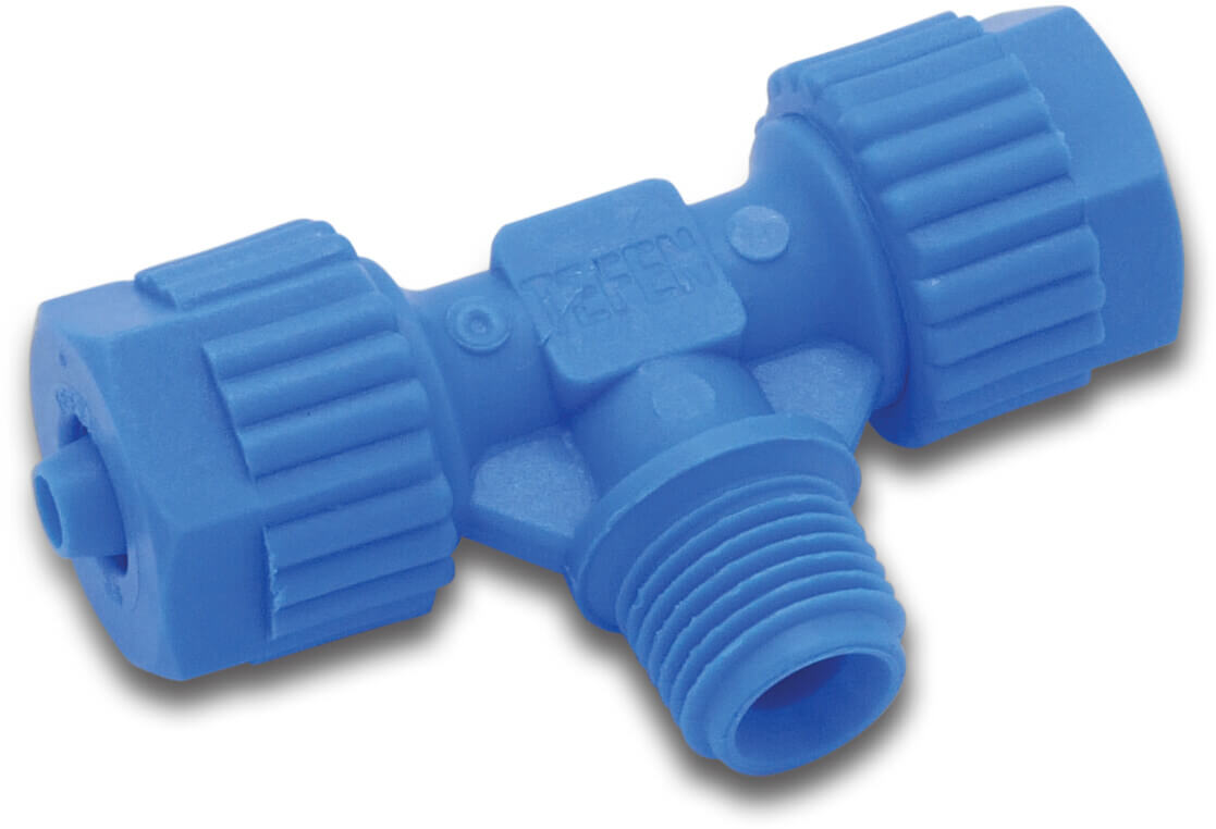 Tefen Trójnik 90° PA wzmocnione włóknem szklanym 8 mm x 1/4" x 8 mm karbowane x GZ x karbowane 14bar niebieski