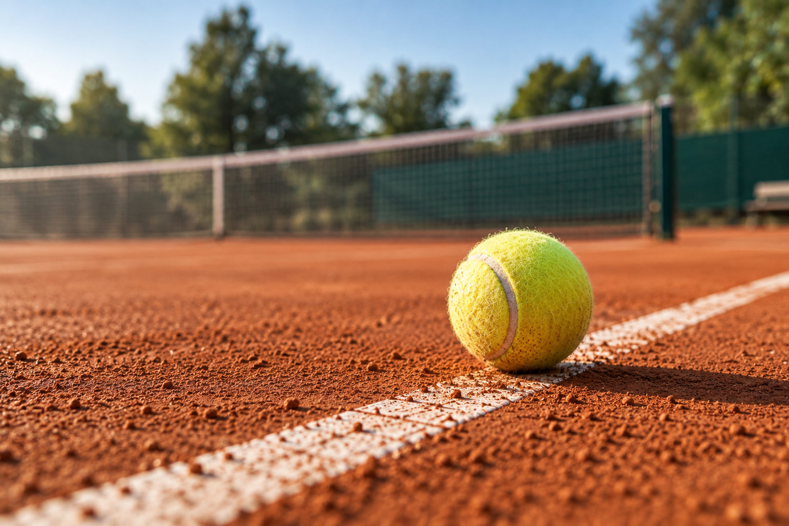 Tennis ball on a clay tennis court