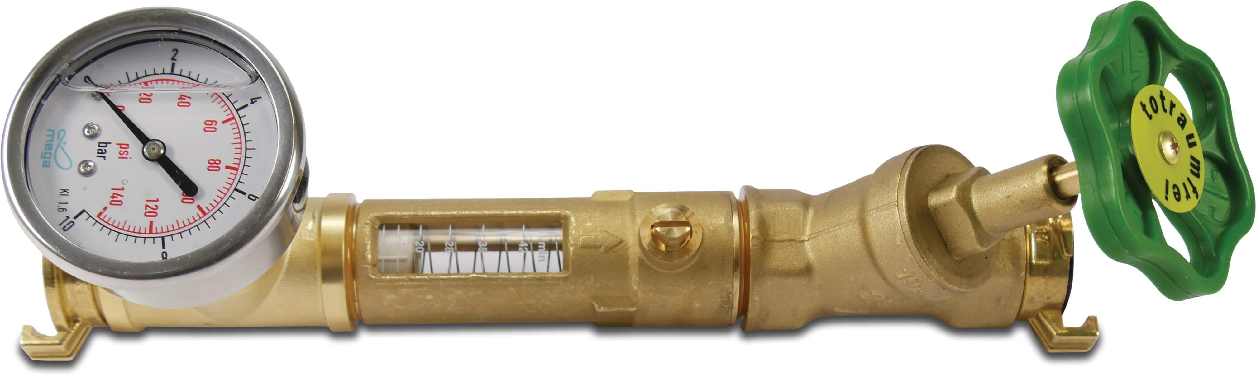 Stromingsmeter met kogelstopkraan messing 1" buitendraad x snelkoppeling NA 40 10bar 5-42l/min