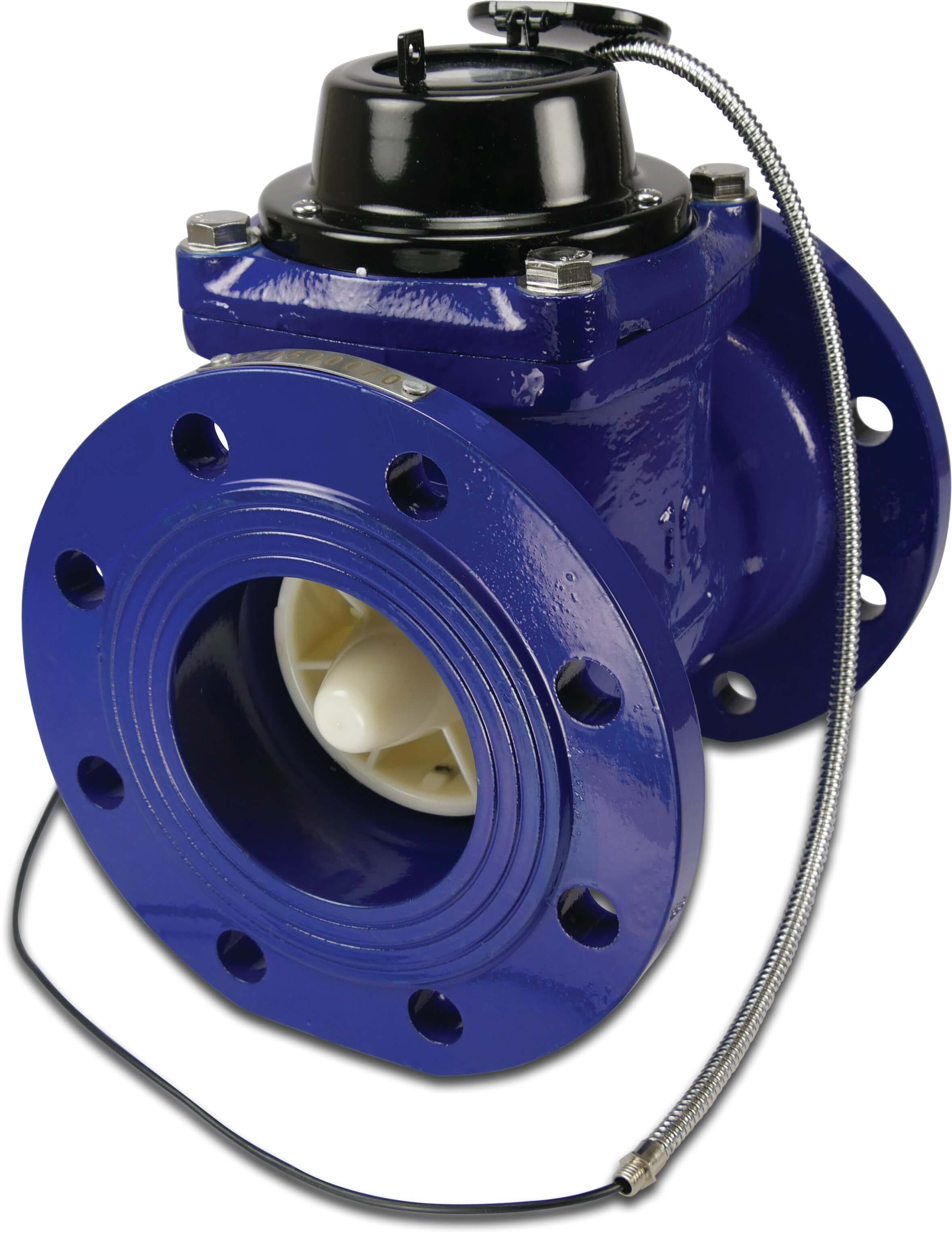 Profec Watermeter droog gietijzer DN50 DIN flens 15m³/h blauw type Woltman horizontaal met puls