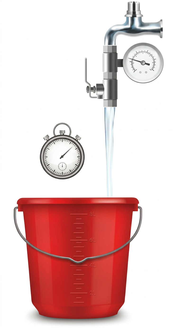 Measuring water pressure and flow rate using a pressure gauge, stopwatch and container