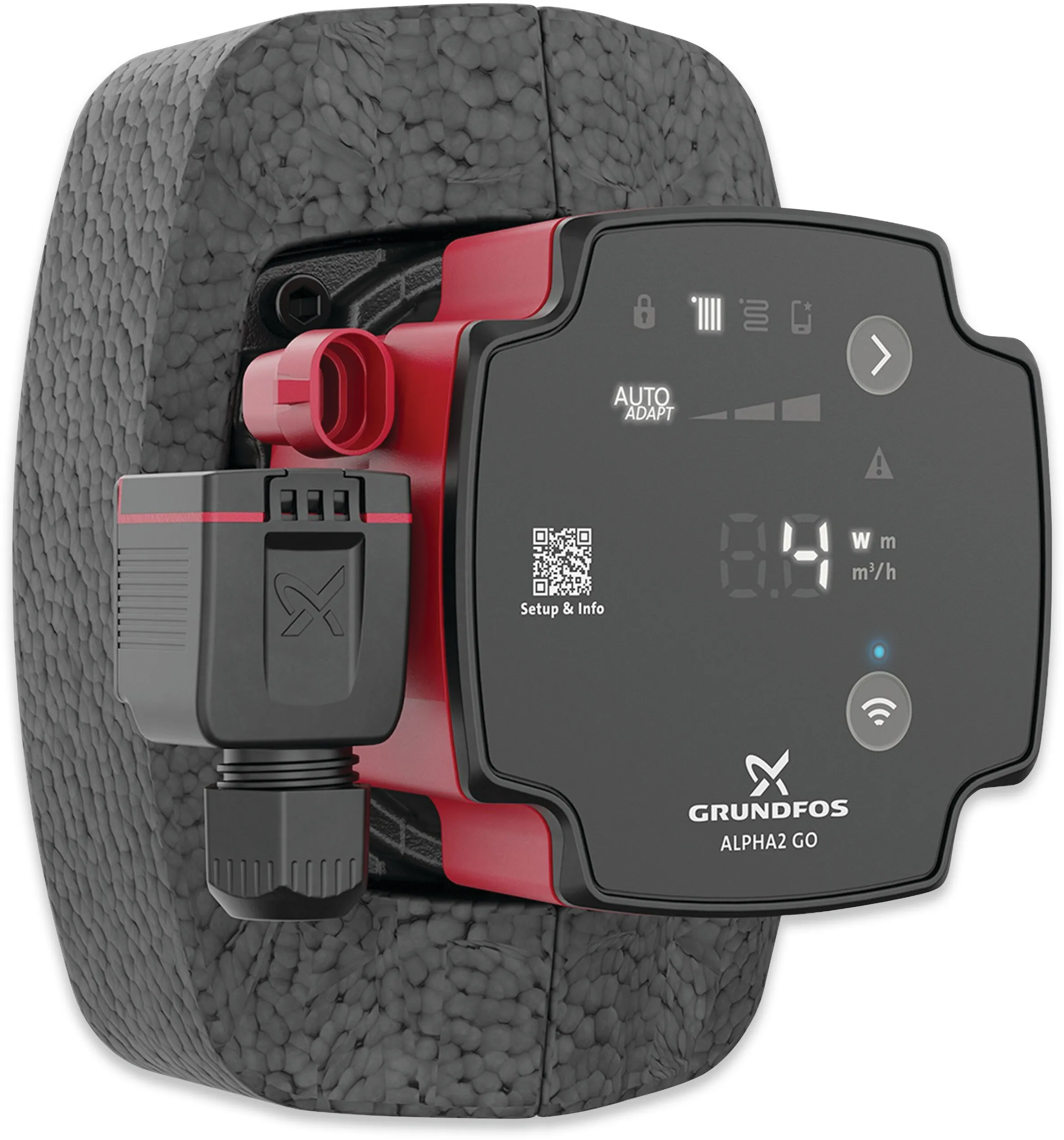 Grundfos Variable speed circulation pump cast iron 1 1/2" male thread 10bar 0.78A 230VAC black/red WRAS type Alpha2 GO 25-90 (130)