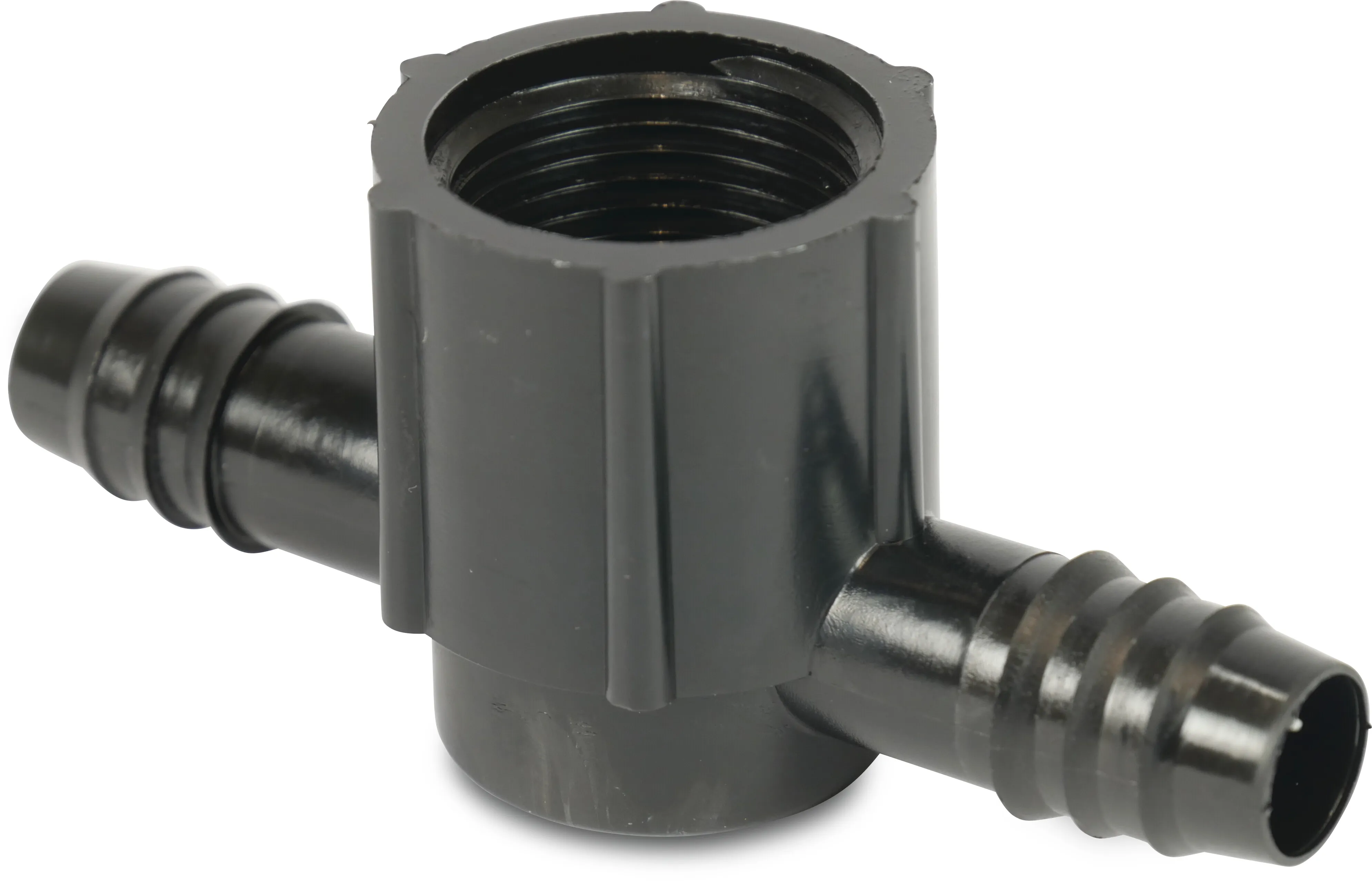 Tavlit T-koppling 90° PP 16 mm x 3/4" x 16 mm hulling x invändig gänga x hulling 4bar svart type med fullt flöde