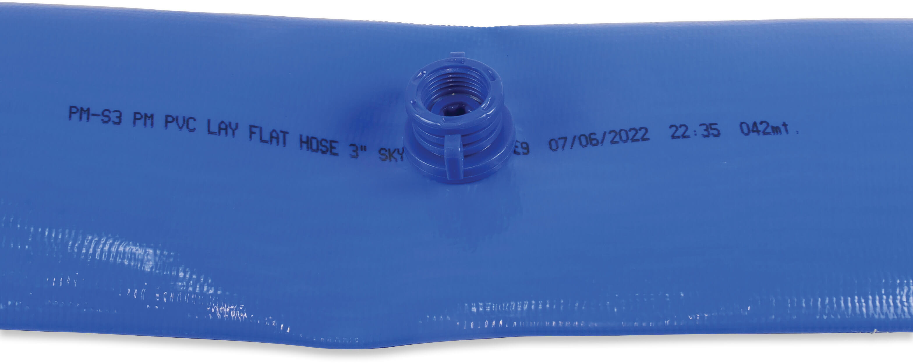 Flat hose PVC 76 mm 4bar dark blue 100m type with prefabricated outlets 100 cm