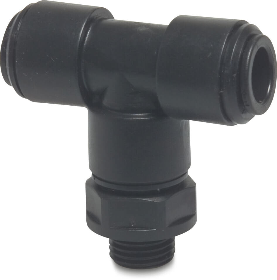 Speedfit T-stuk 90° POM 8 mm x 1/4" x 8 mm insteek x buitendraad x insteek 10bar zwart type Super