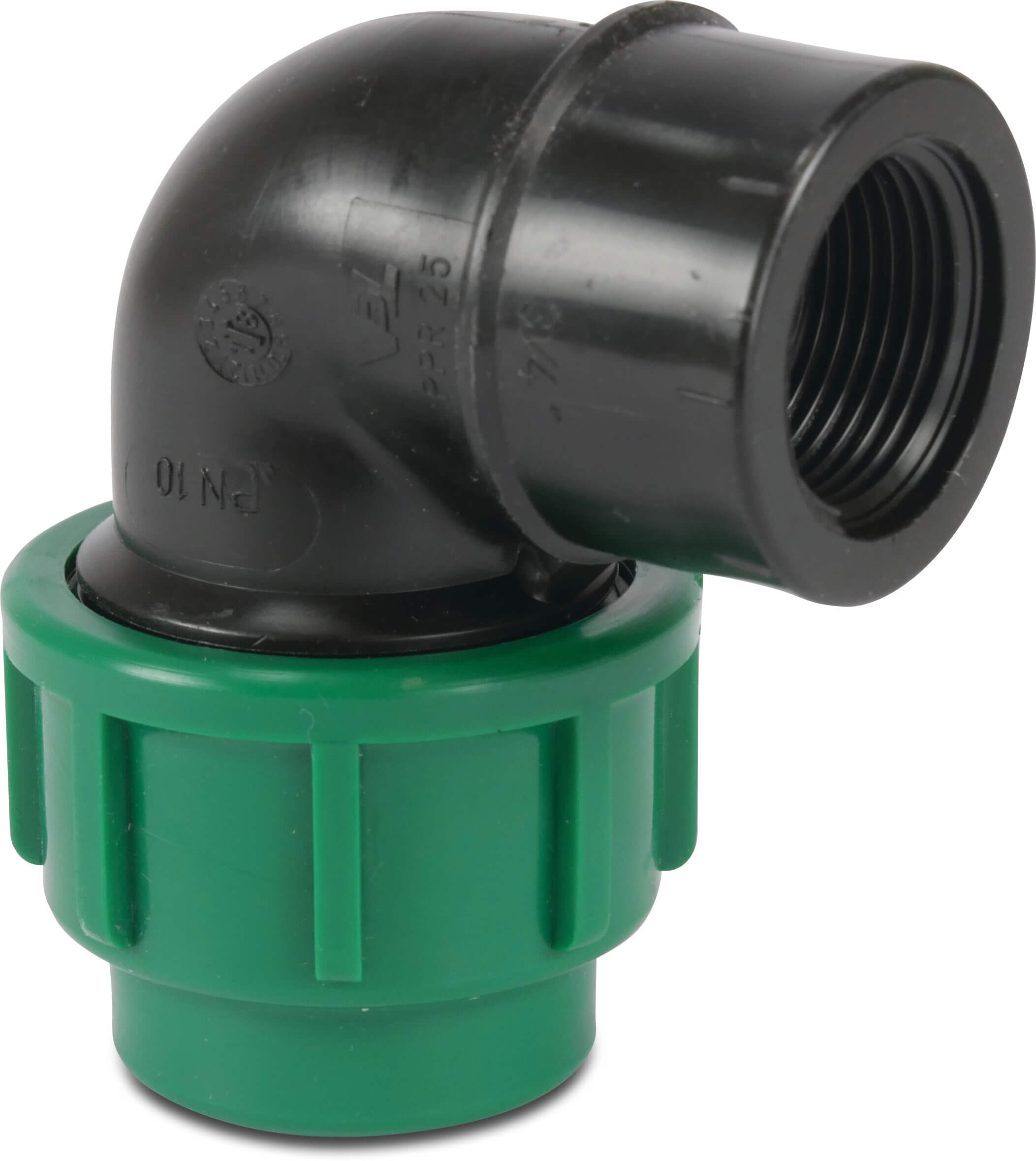 VDL Elbow 90° PP 20 mm x 3/4" compression x female thread 10bar black/green KIWA