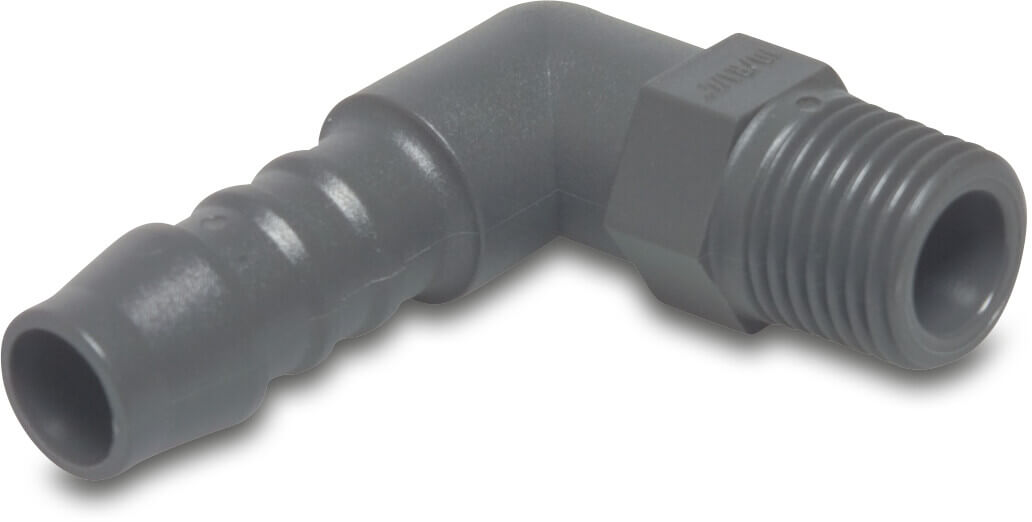 Hose tail elbow 90° nylon 3/8" x 12 mm male thread x hose tail 10bar grey