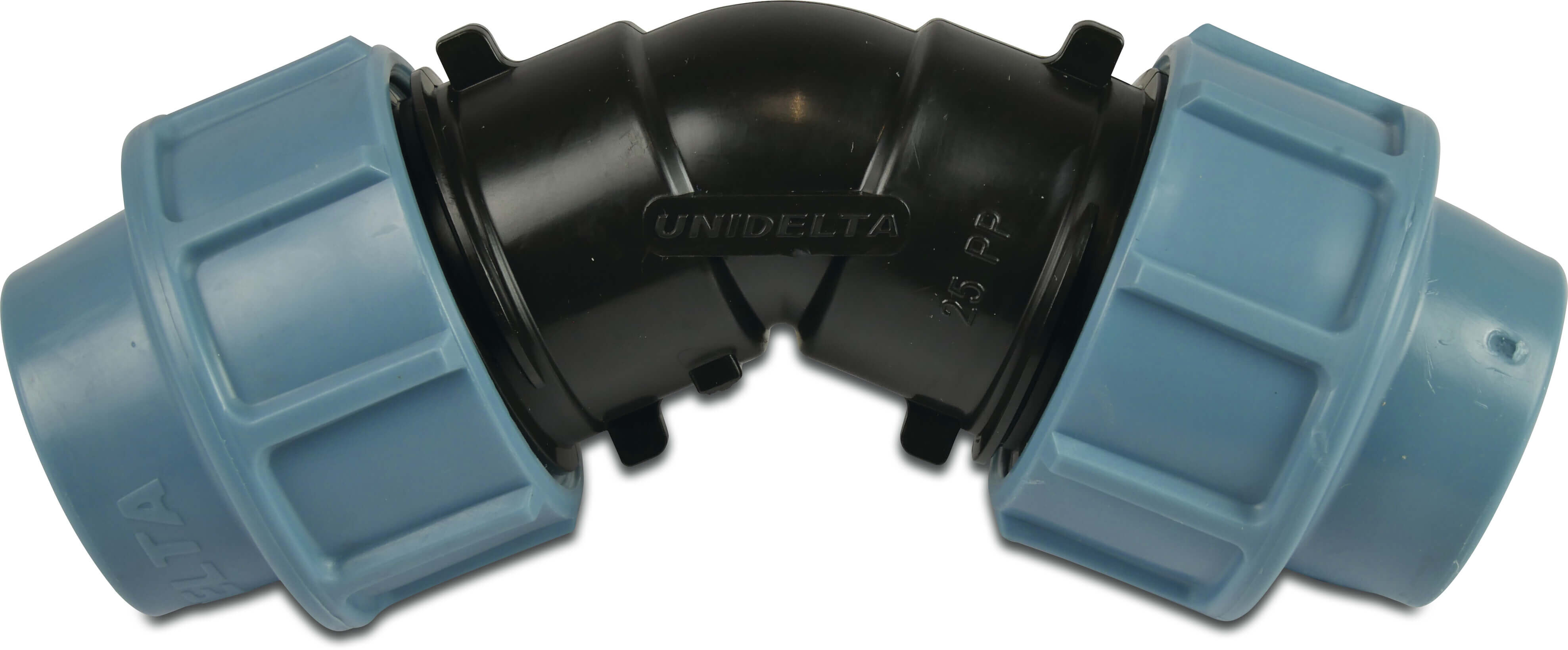 Unidelta Kolano 45° PP 32 mm zacisk 16bar czarno-niebieski DVGW/KIWA/WRAS
