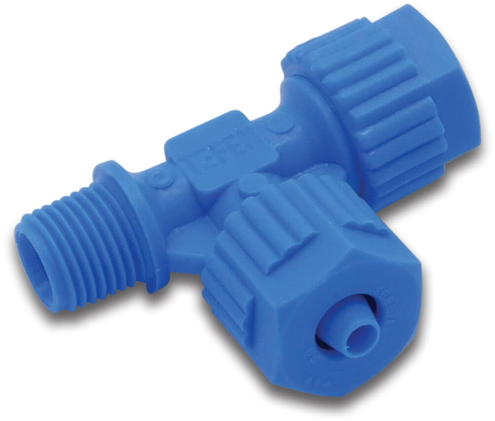 Tefen T-stykke 90° PA glasfiberforstærket 6 mm x 6 mm x 1/8" modhage x modhage x udvendig gevind 14bar blå