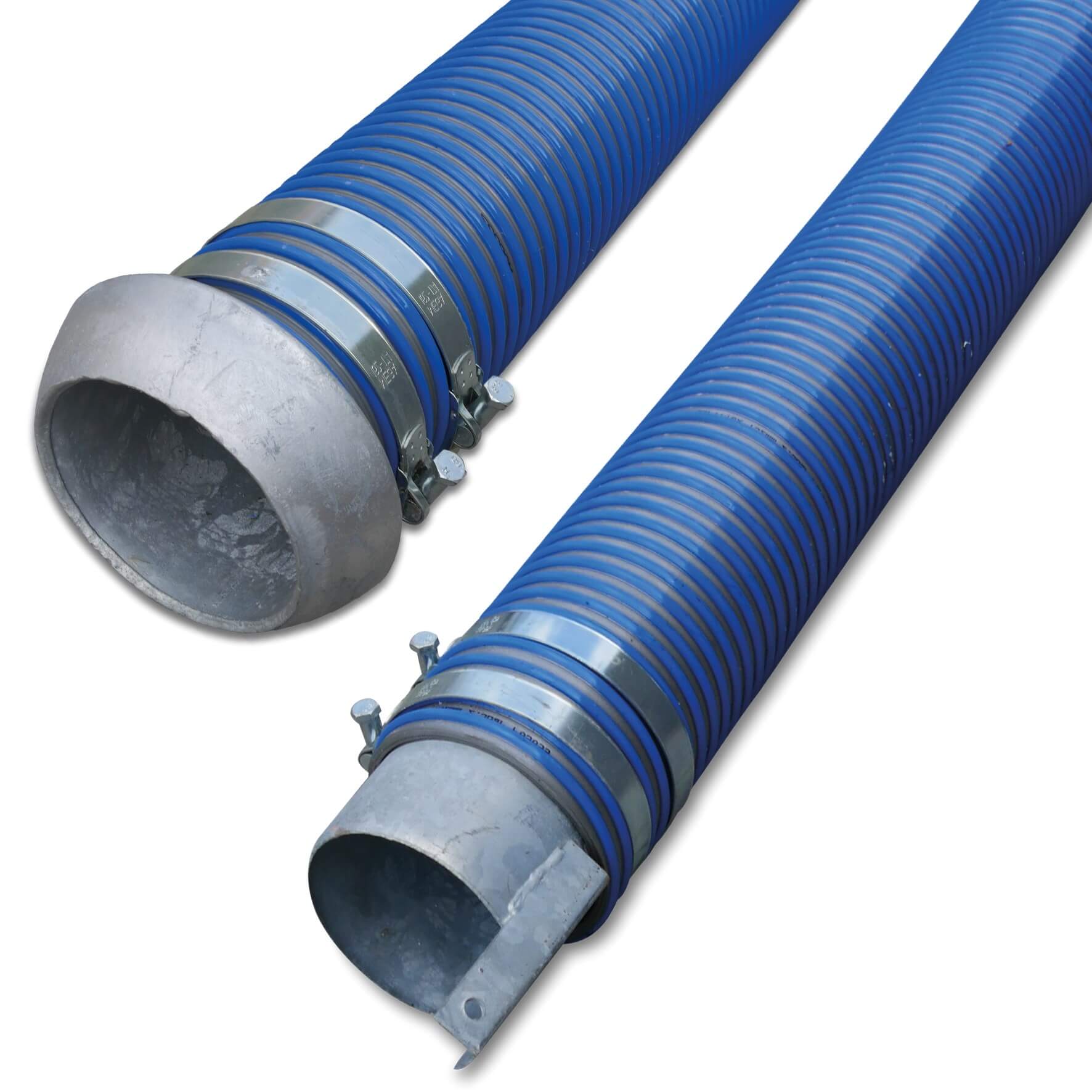 Spiraalslang PVC 152 mm V-deel Perrot x eindstuk met oog 2bar blauw/grijs 4m type Agriflex