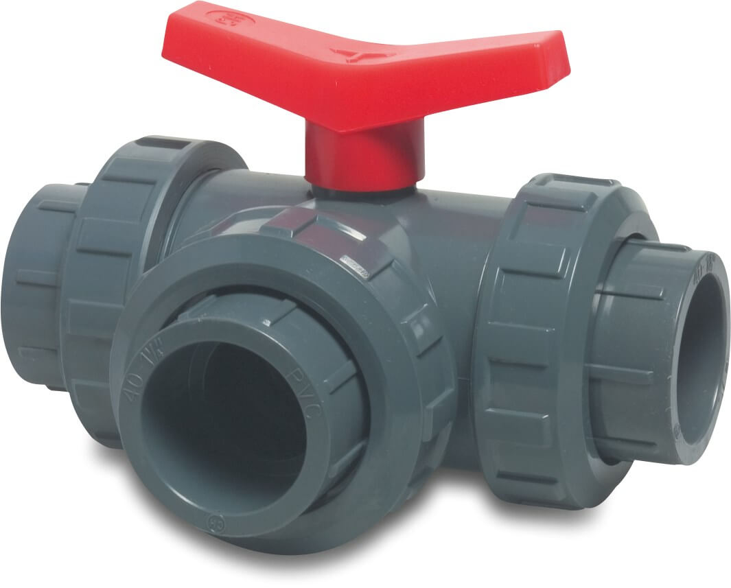 3-way ball valve T-bore PVC-U 20 mm glue socket 10bar DN15 grey type T-bore side connection