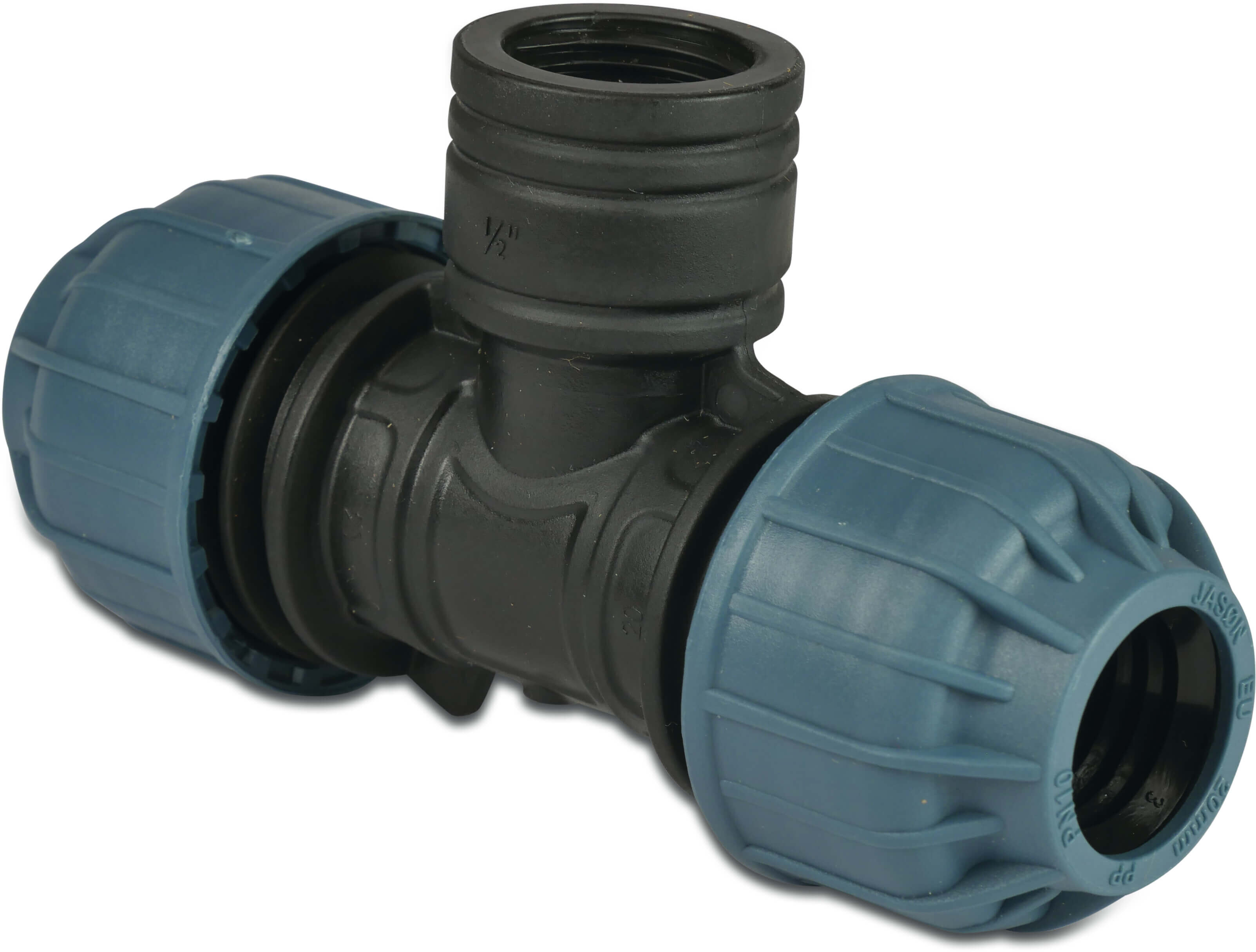 Jason Trójnik 90° przejściowy PP 32 mm x 3/4" x 32 mm zacisk x GW x zacisk 10bar czarno-niebieski