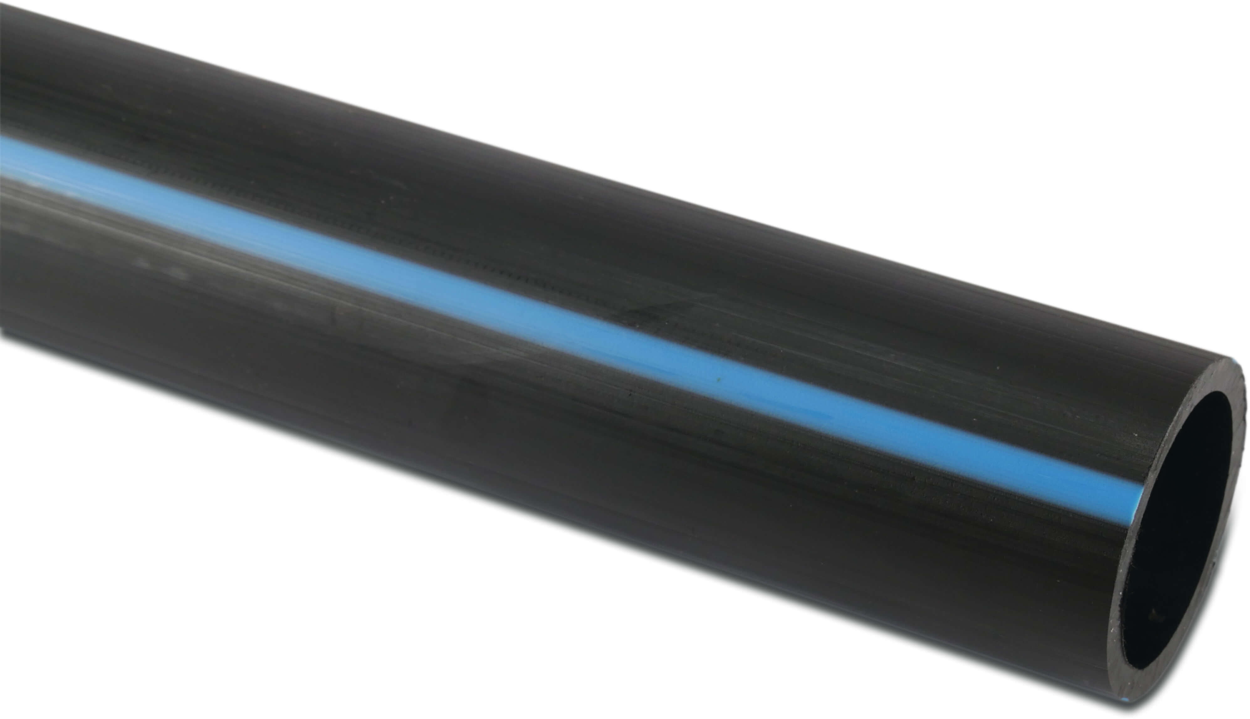 Drukbuis PE100 63 mm x 3,8 mm glad SDR 17 10bar zwart/blauw 12m DVGW