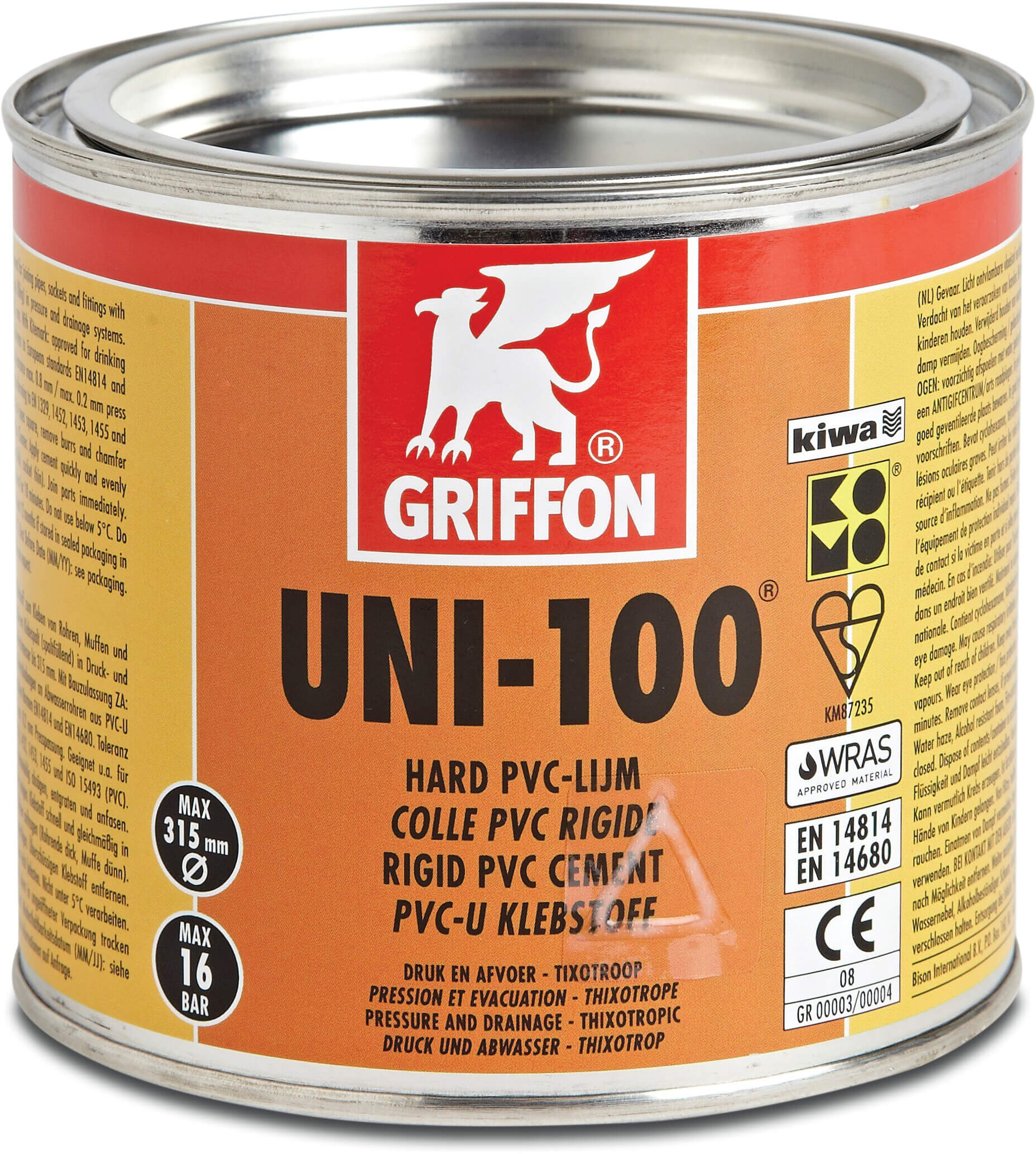 Griffon PVC glue 0,5ltr with steel lid KIWA/WRAS type Uni-100 label EN/DE/NL/FR