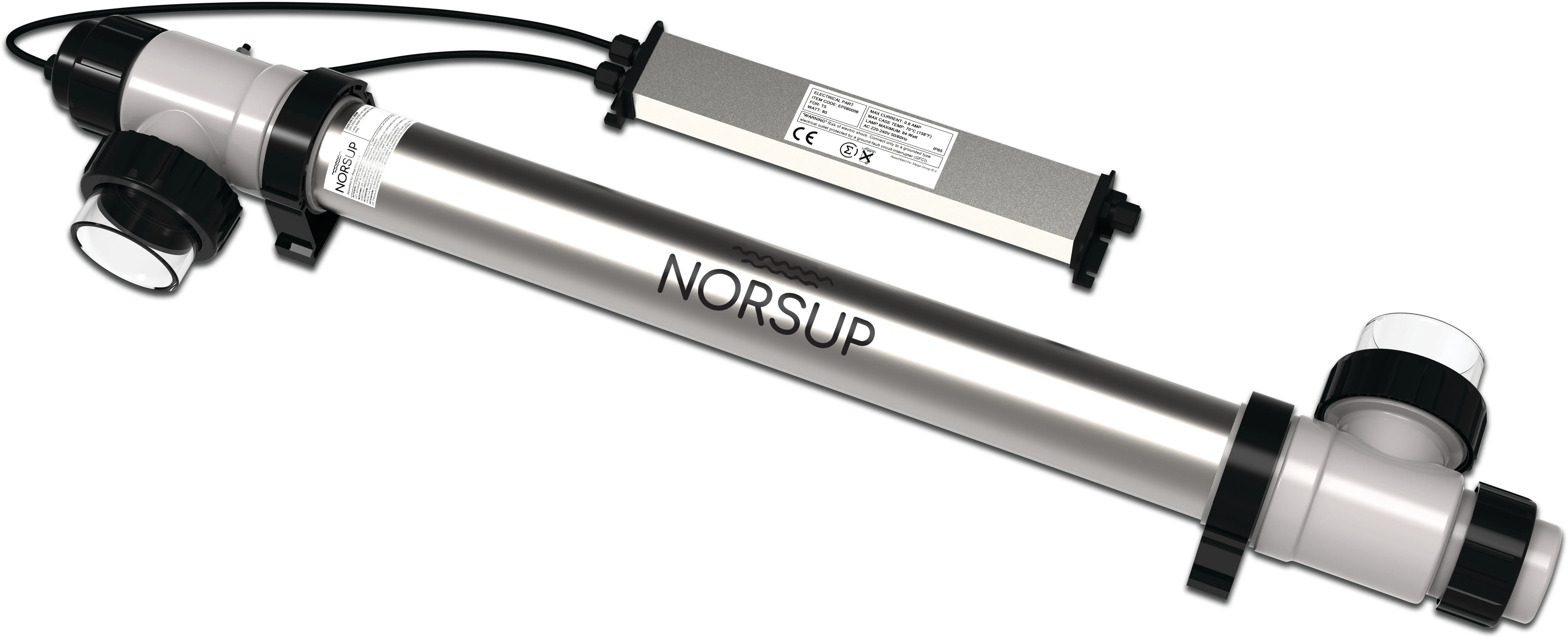Norsup UV-C disinfection unit stainless steel 316L 50/63 mm x 1 1/2" glue socket/glue spigot x female thread 2bar type Supernova 80W