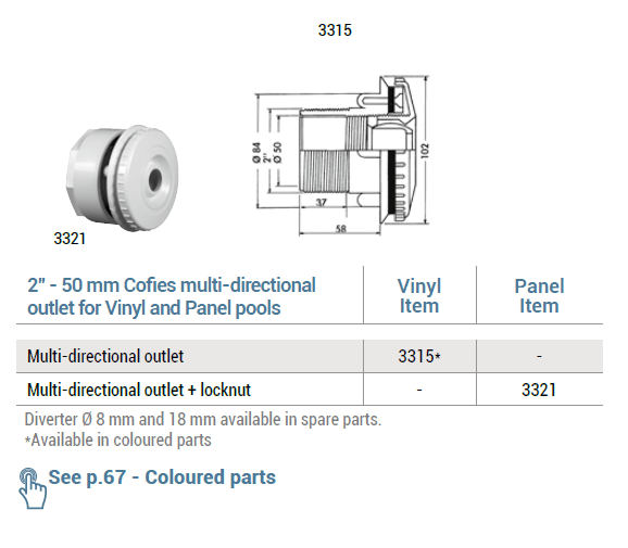 Hayward Verstellbare Einlaufdüse ABS 50 mm x 2" Klebemuffe x Außengewinde Dunkelgrau 22 mm Düse