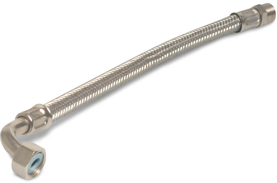 Flätad slang 90° rostfritt stål/silikon 3/4" utvändig gänga x invändig gänga mutter 10bar 60cm KTW/DVGW type vinklad