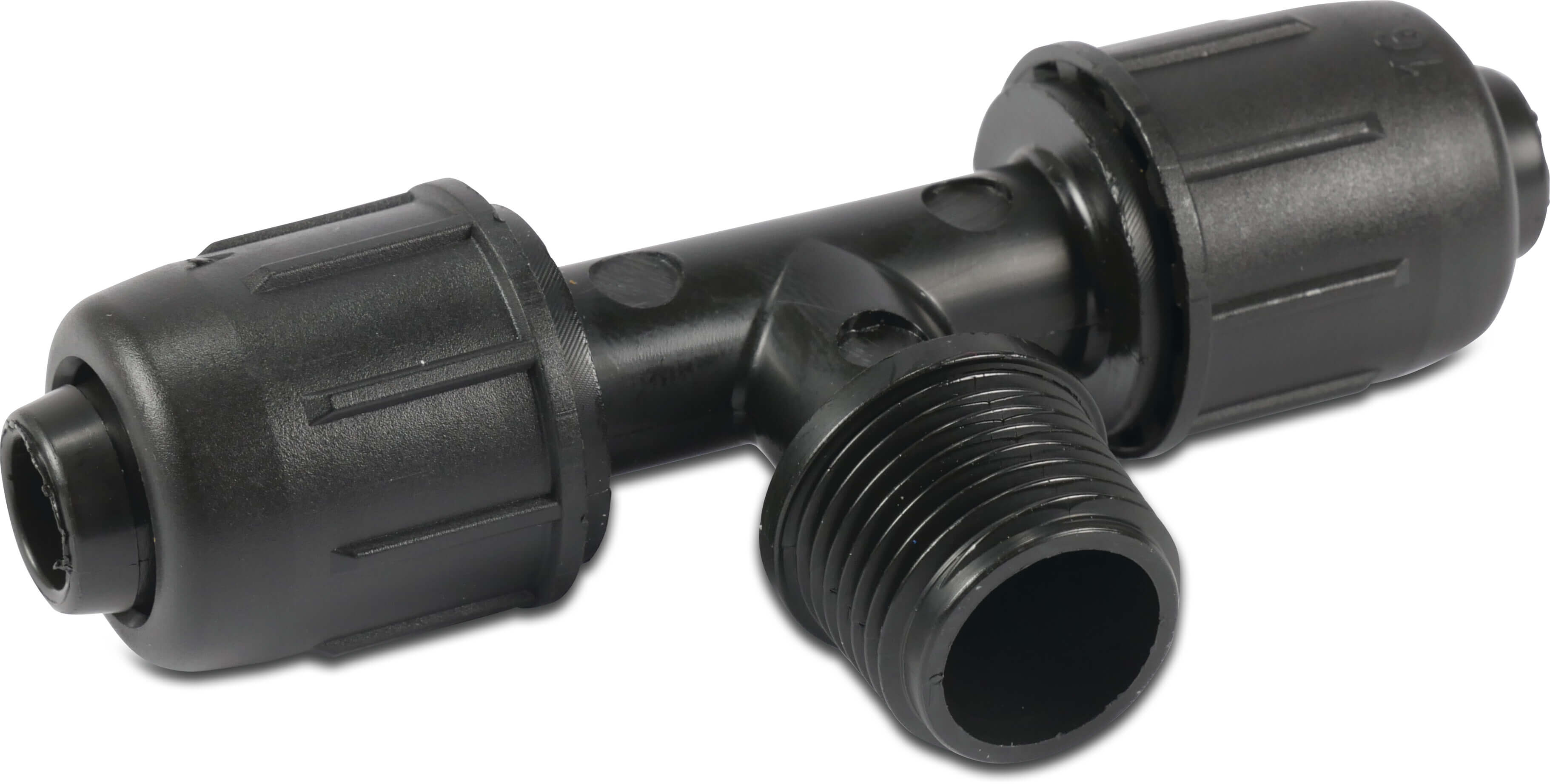 T-piece 90° PP 25 mm x 1" x 25 mm lock x male thread 4bar black