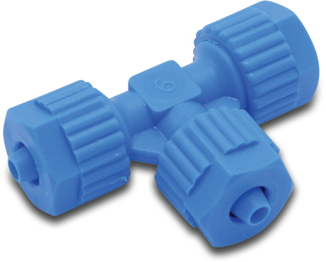 Tefen T-piece 90° PA glass fibre reinforced 8 mm barbed 14bar blue