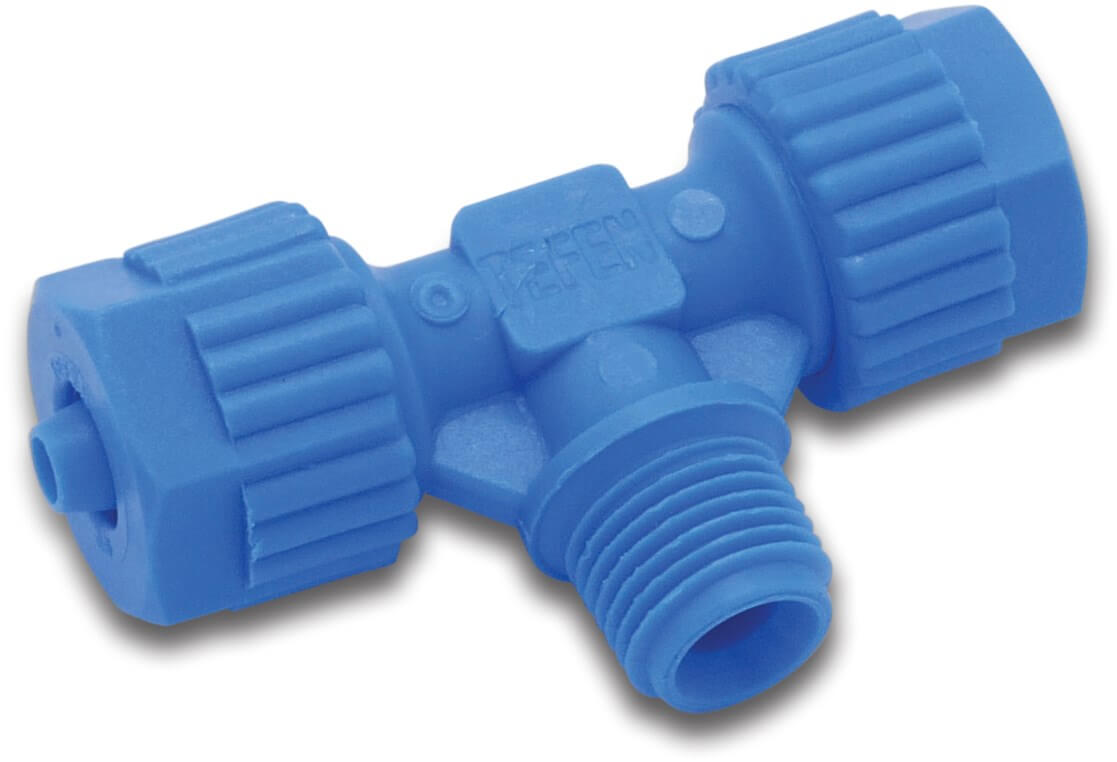 Tefen T-piece 90° PA glass fibre reinforced 6 mm x 1/8" x 6 mm barbed x male thread x barbed 14bar blue