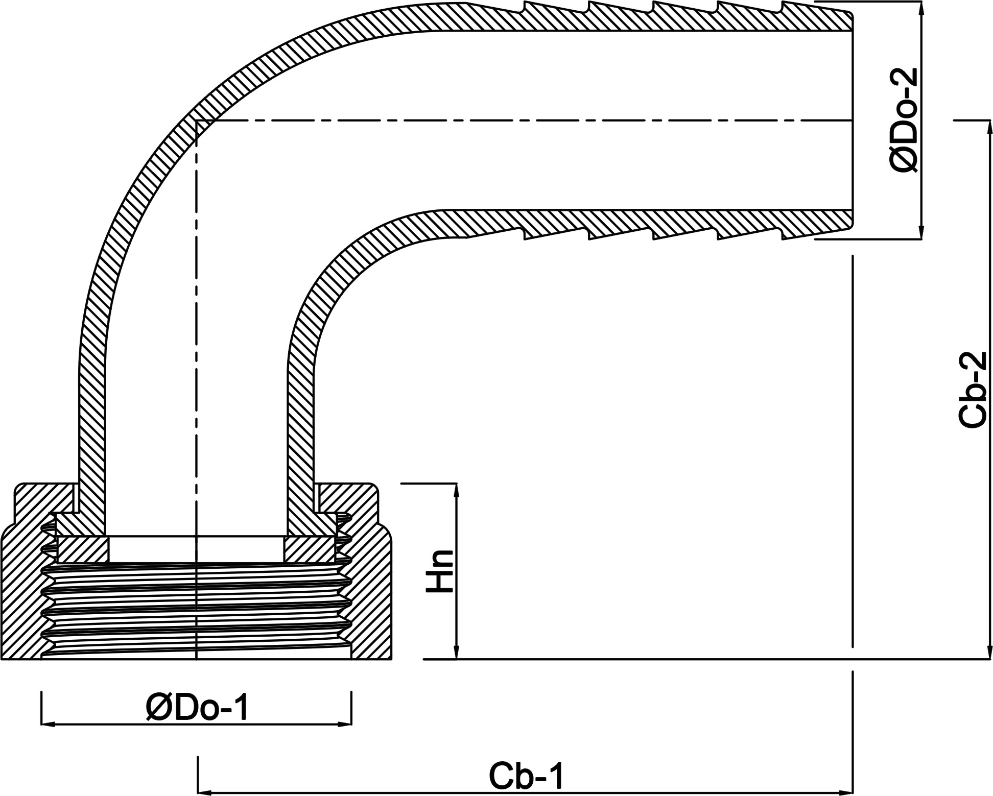 Hose tail 2/3 union adaptor elbow 90° PP 1 1/4" x 30 mm female threaded nut x hose tail 6bar grey