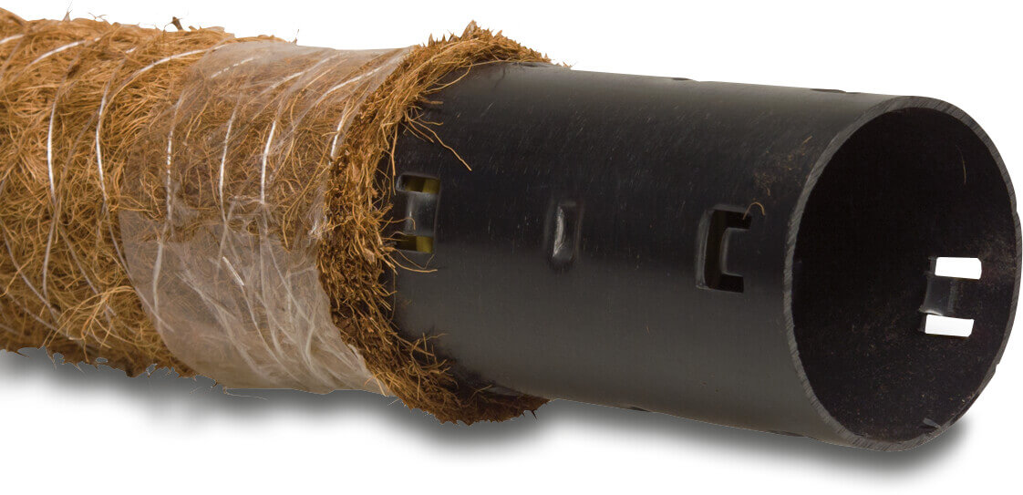 Drainage pipe PVC-U 65 mm click socket x plain yellow 50m KIWA/KOMO type perforated, wrapped with coir