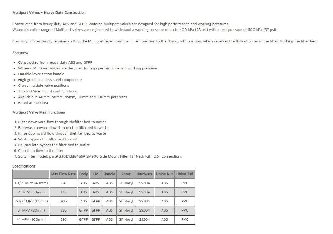 Waterco Kommersiell multiport ventil 2 1/2"/75mm 4bar för sidmonteringsfilter type 6-vägs ventil