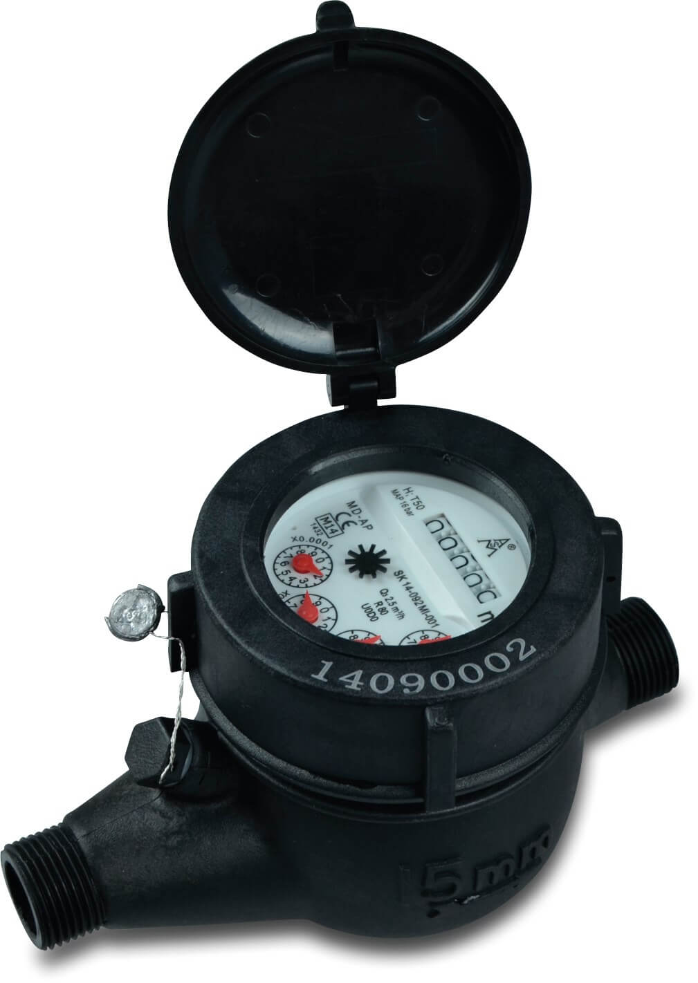 Profec Watermeter droog nylon 1 1/2" buitendraad 16bar 6m³/h type Nylon multi jet horizontaal met pulse optie