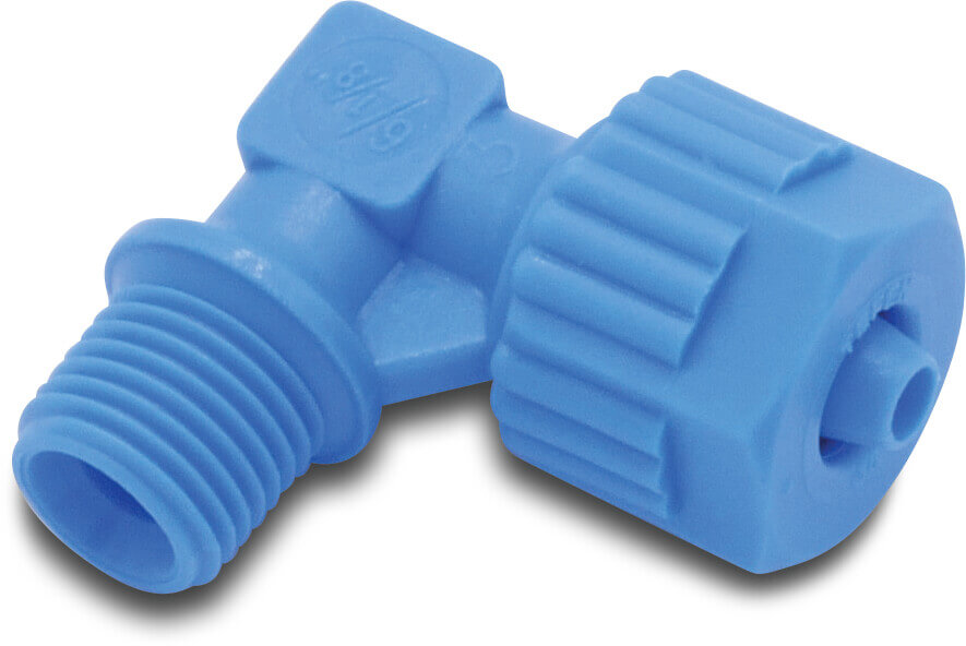 Tefen Union elbow 90° PA glass fibre reinforced 12 mm x 1/4" barbed x male thread 14bar blue