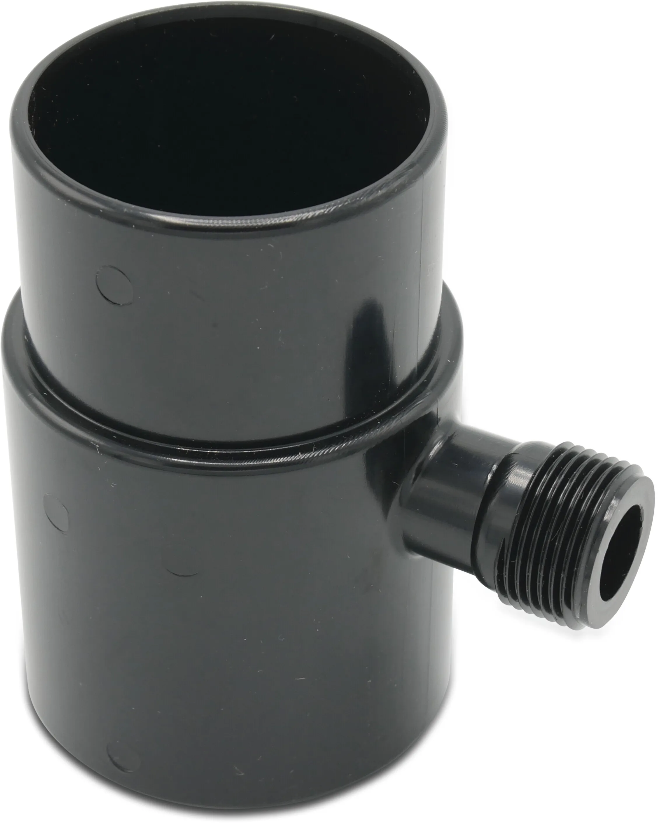 Long reducer 63mm spigot x 63mm socket with 3/4" flow switch connection
