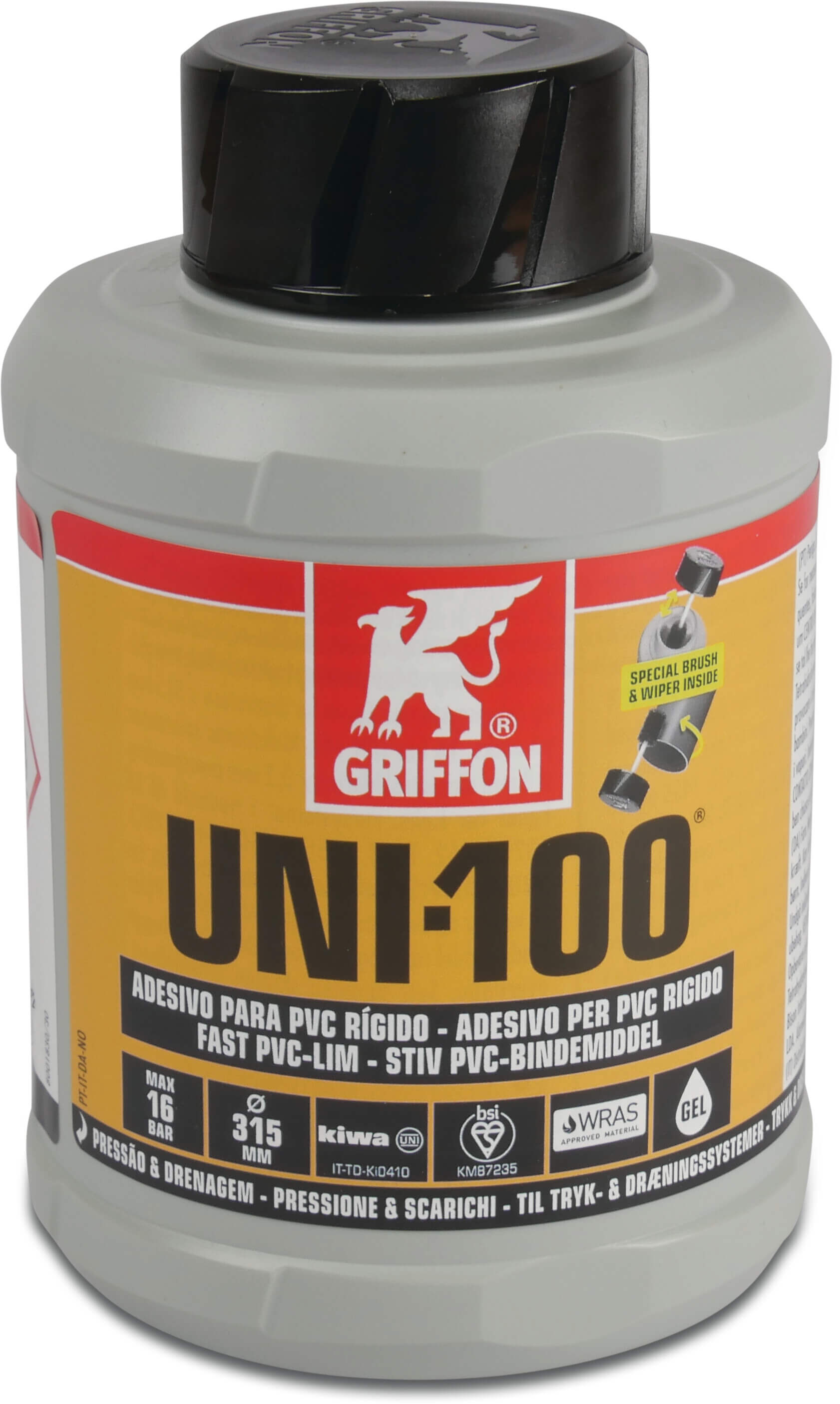 Griffon PVC glue transparent 1ltr with brush KIWA type Uni-100 label NL/FR