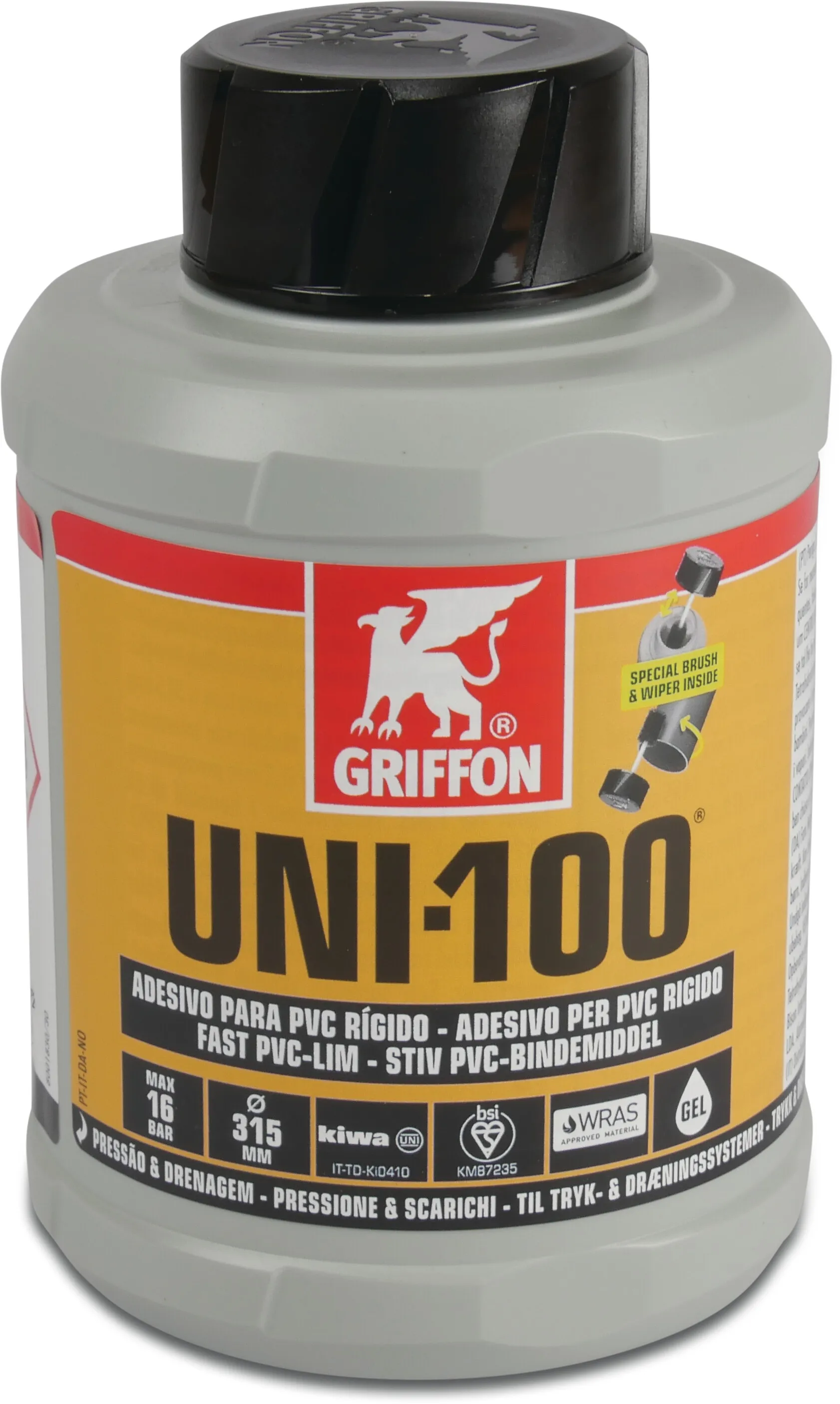 Griffon PVC-lijm transparant 0,25ltr met kwast KIWA type Uni-100 label NL/FR