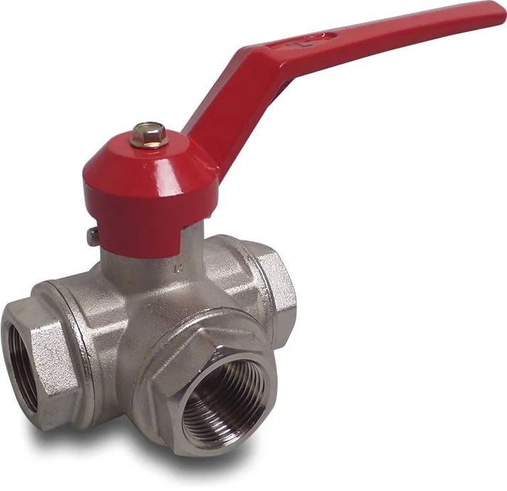 3-way ball valve L-bore brass nickel plated 1/4" female thread 16bar DN8 side connection