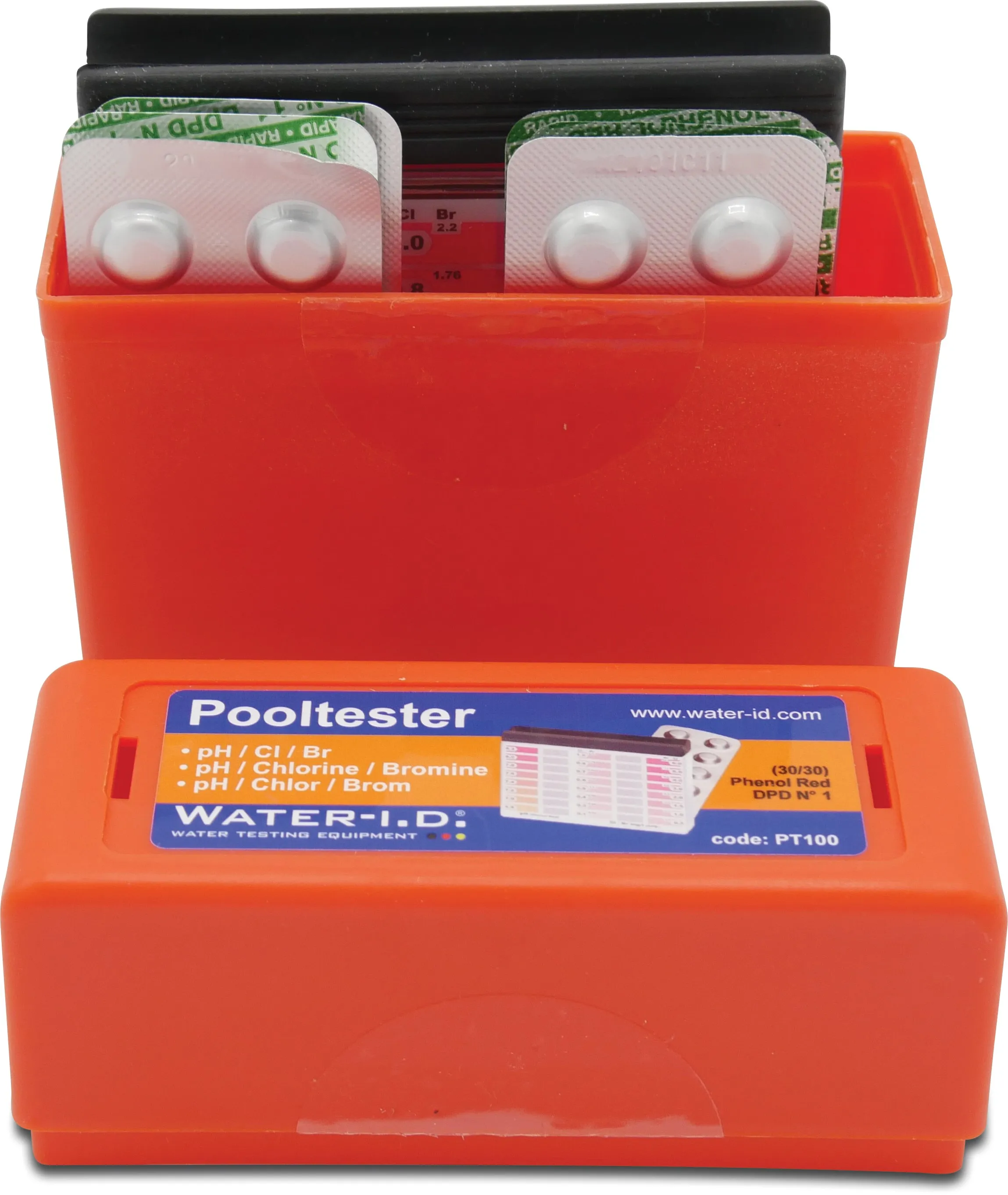 Pool-I.D. Pooltester for the measurement of pH- and Chlorine or pH- and Bromine values type 8 pH,Br&CL scale values 30/30 tablets