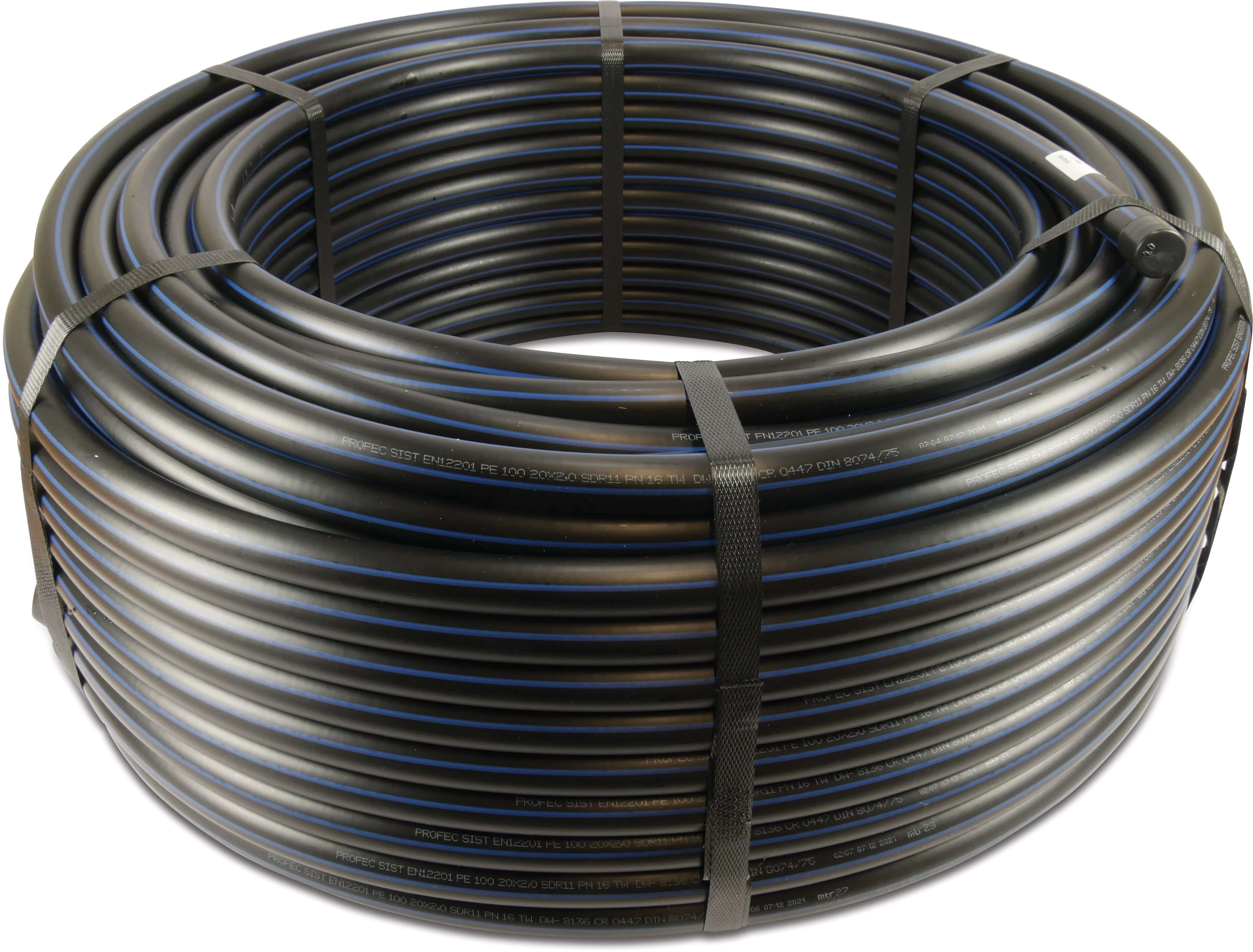 Pressure pipe PE100 20 mm x 2,0 mm plain SDR 11 16bar black/blue 100m DVGW