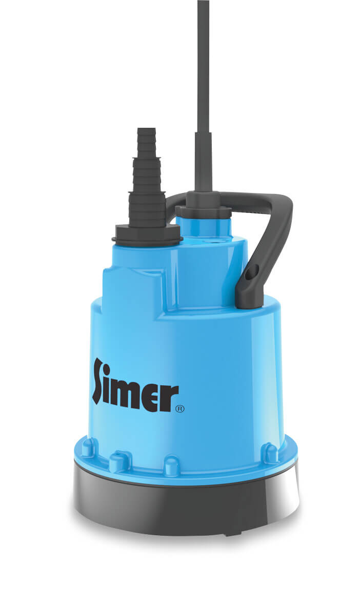 Simer Submersible pump with plain inlet fibre-reinforced plastic 1" hose tail 230VAC black/blue