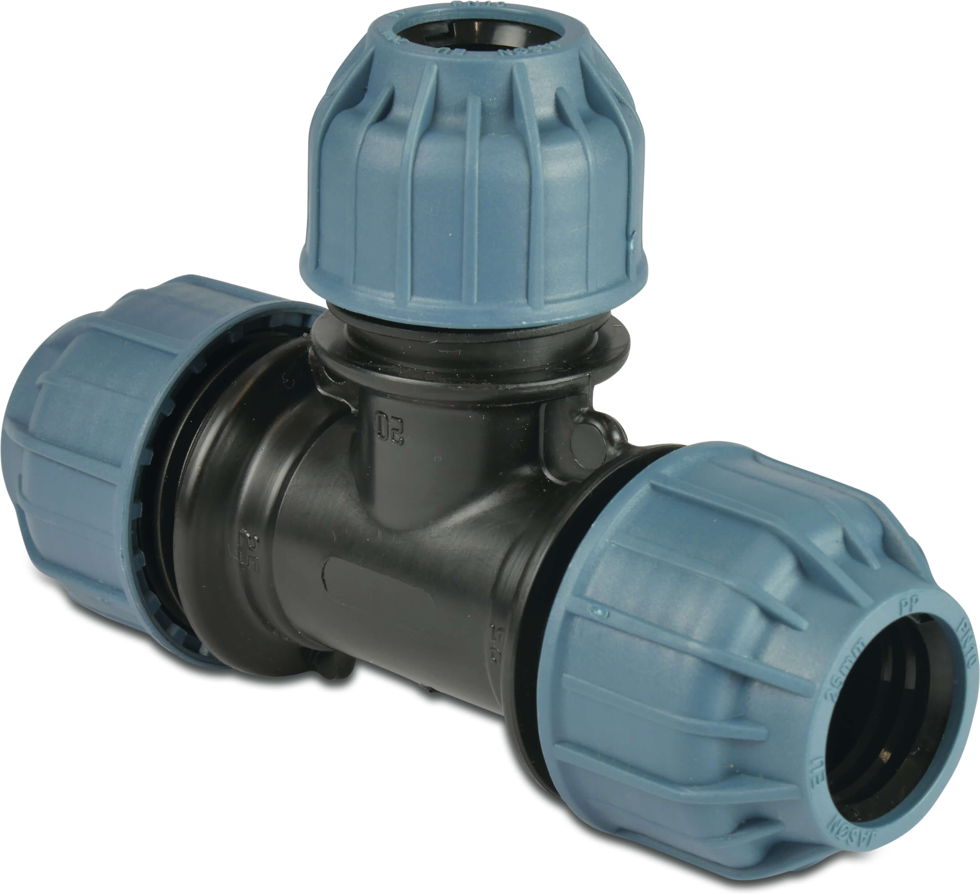 Jason T-stykke 90° reducerende PP 50 mm x 40 mm x 50 mm spænd 10bar sort/blå