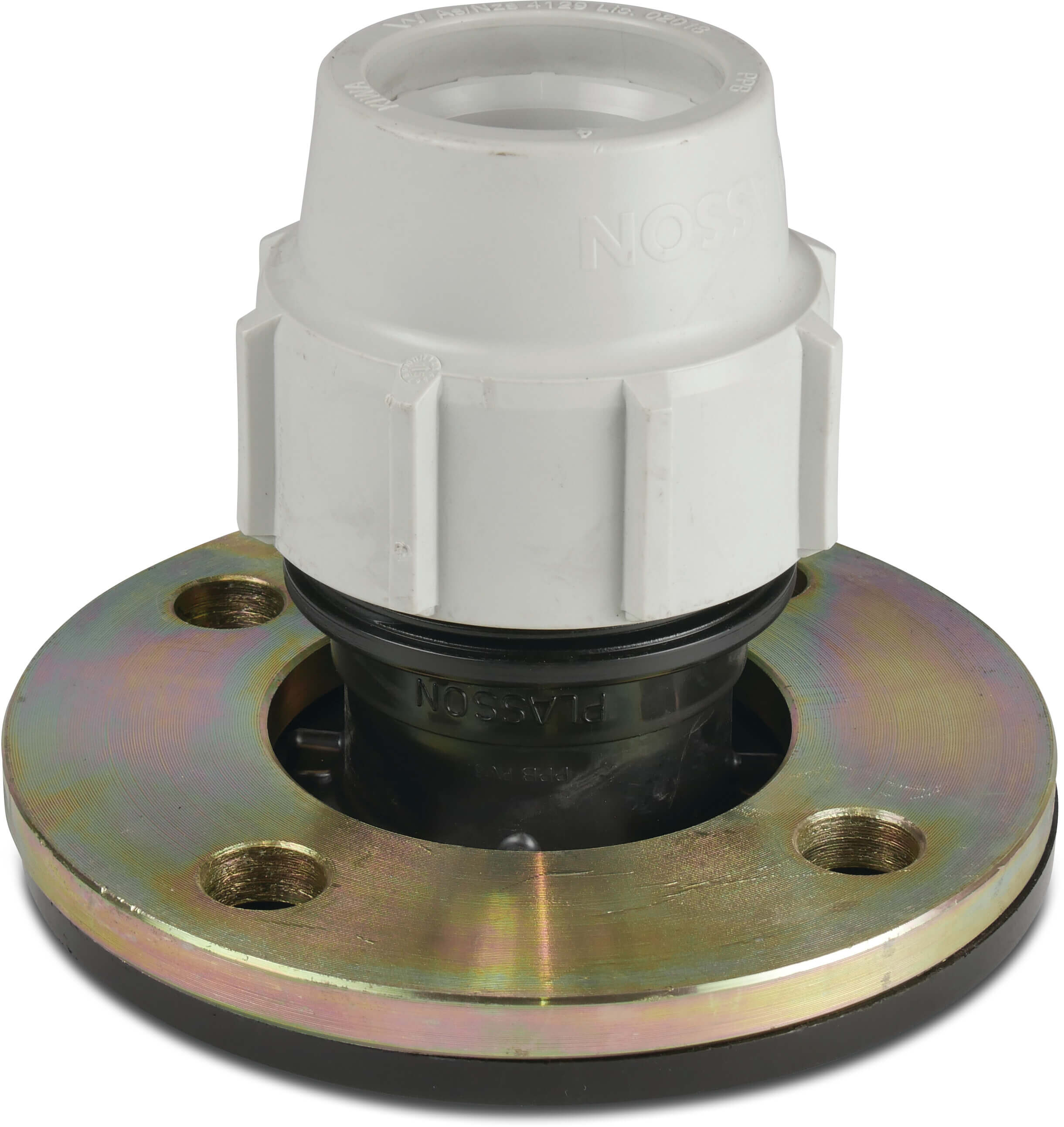 Jason Flange adaptor PP DN50 x 2" x 50 mm DIN flange x compression 16bar black/white DVGW/KIWA/WRAS/SVGW