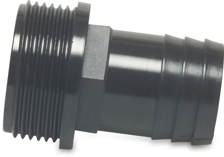 Hose tail adaptor nylon 1" x 32 mm male thread x hose tail 6bar black type rec