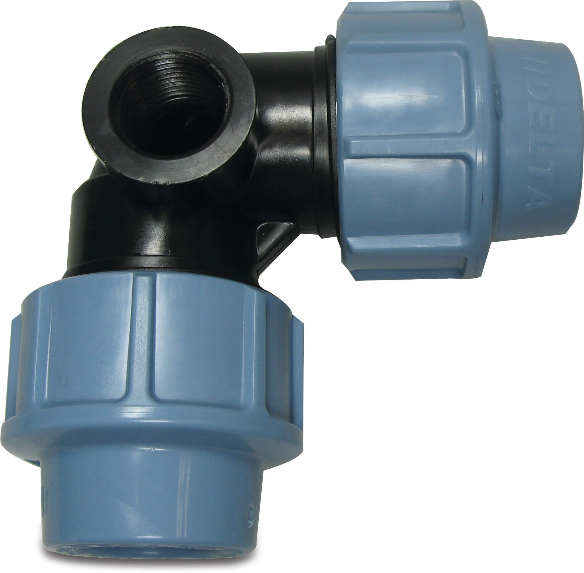 Unidelta Distributeur à coude à 90° PP 25 mm x 1/2" x 25 mm à serrer x filetage femelle x à serrer 16bar noir/bleu DVGW/KIWA/WRAS