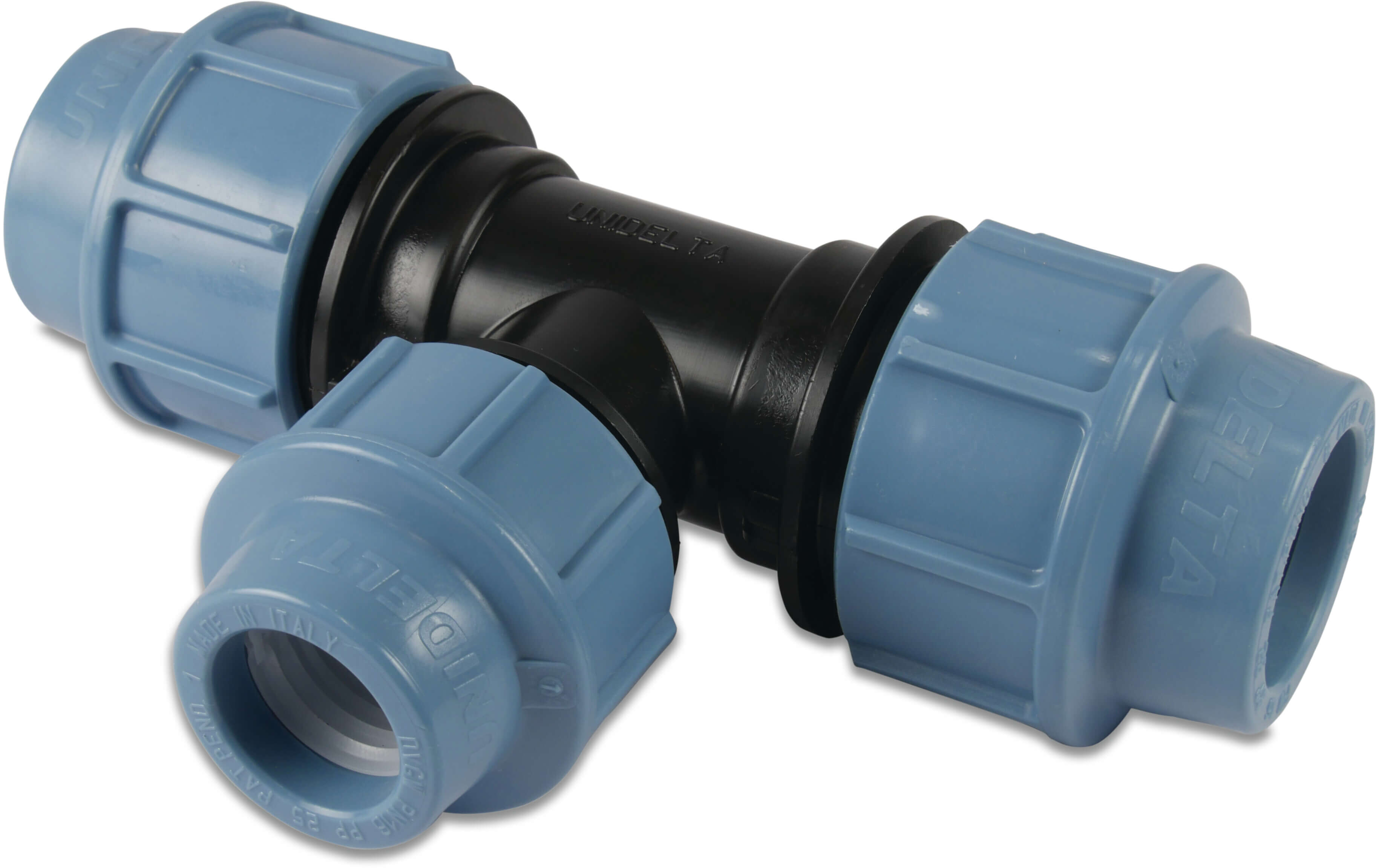 Unidelta Reducer T-piece 90° PP 63 mm x 32 mm x 63 mm compression 16bar black/blue DVGW/KIWA/WRAS/SVGW