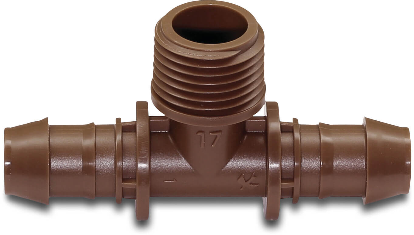 Rain Bird T-stuk kunststof 17 mm x 1/2" x 17 mm barbed x buitendraad x barbed 3,5bar 3.5bar bruin type XFF17