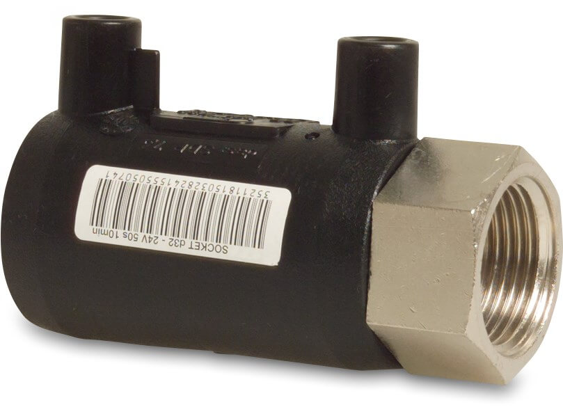 Jason Adaptor socket PE100/brass nickel plated 20 mm x 1/2" electrofusion socket x female thread SDR 7,6 24VAC 16bar 25bar black DVGW