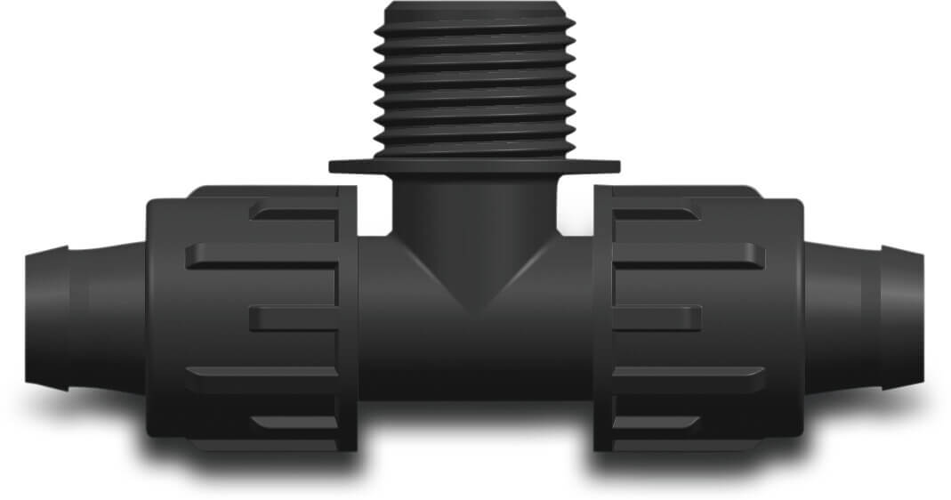 T-piece 90° PP 20 mm x 3/4" x 20 mm lock x male thread x lock 4bar black